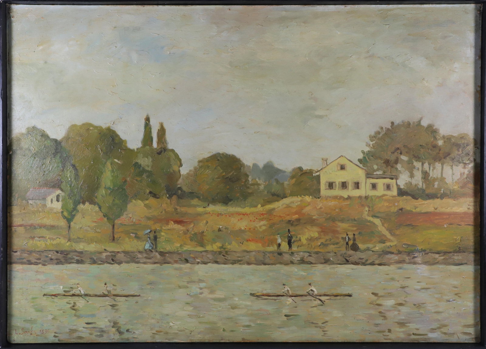 L. Sacks Oil on Board "Crewing on the River", circa 1896: L. Sacks Oil on Board "Crewing on the River", circa 1896,?signed lower left L. Sacks, 1896 Overall 30.5 in. x 42.25 in.
