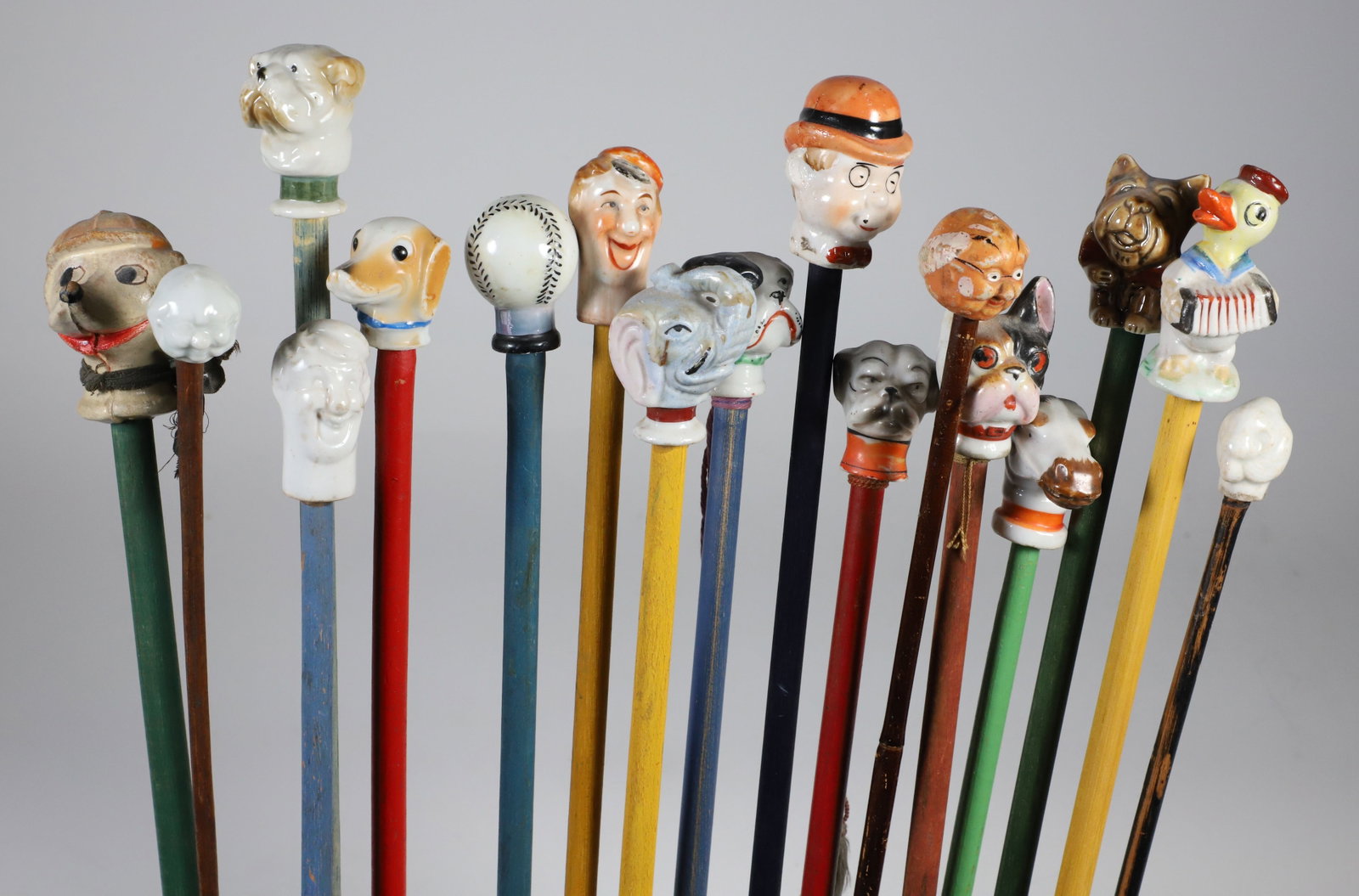 Collection of 16 Vintage Assorted Porcelain and Wood Carnival Walking Sticks (1 of 6)