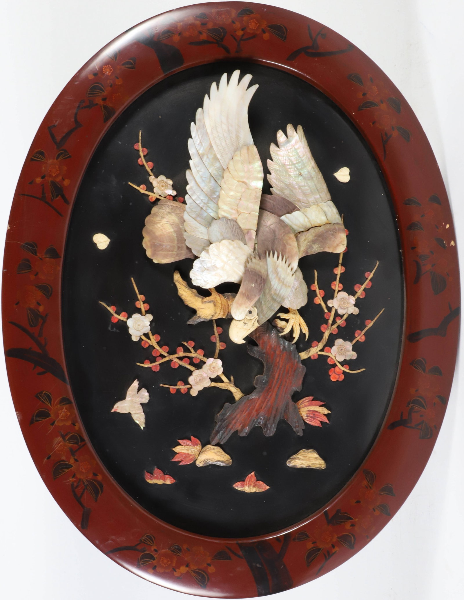 Chinese Oval Lacquer, Carved Mother of Pearl Eagle Plaque, 19th Century (1 of 6)