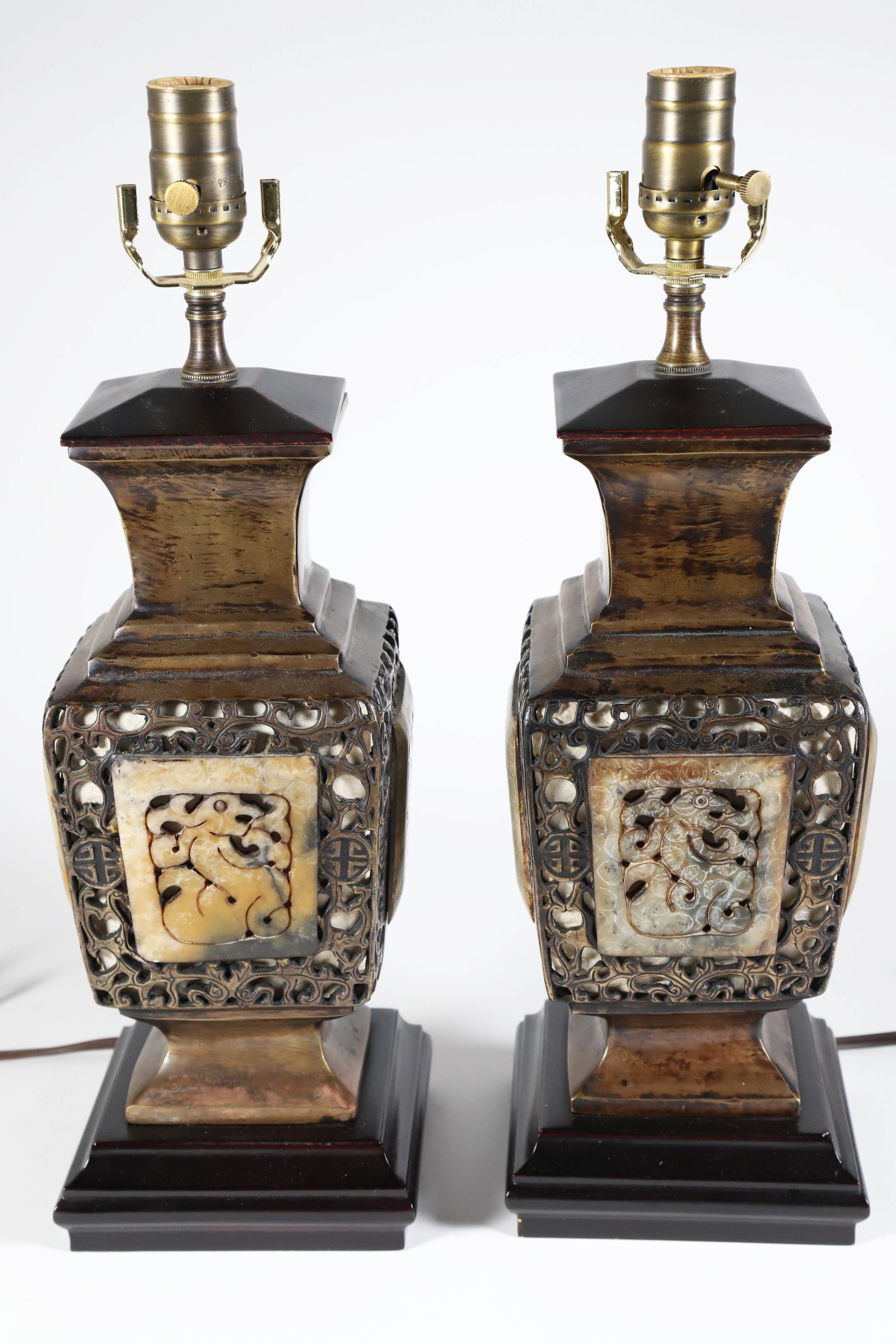 Pair of Chinese Filigree Brass and Carved Stone Lamps (1 of 4)