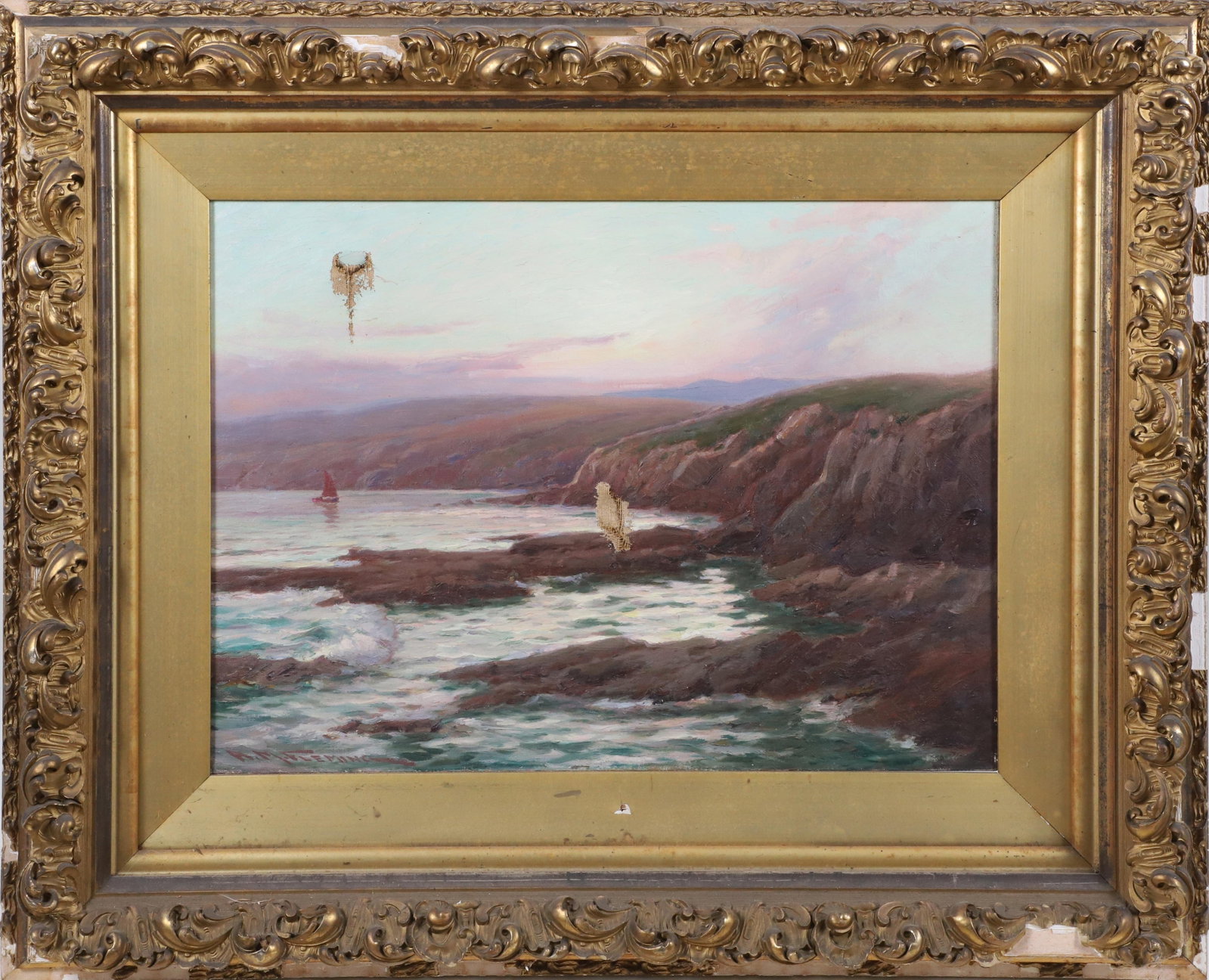 Alexander M. Fleming Oil on Canvas "Rocky Shoreline", 19th Century: Alexander M. Fleming (British 1875-1929) Oil on Canvas "Rocky Shoreline", 19th Century, inscribed on reverse: Evening Twilight - West Coast of Scotland A.M. Fleming, in broad gilt frame, canvas and