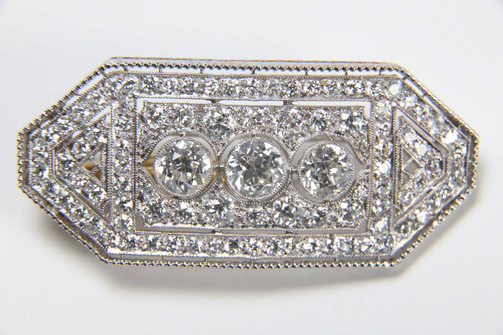 Art Deco Platinum and 95 Old European Cut Diamonds Brooch, Approx. 6.29tcw: Art Deco Platinum and 95 Old European Cut Diamonds Brooch Approx. 6.29twc, featuring three prominent center Old European cut diamonds 2.50tcw, surrounded by 92 smaller diamonds 3.79ct G color VS clari