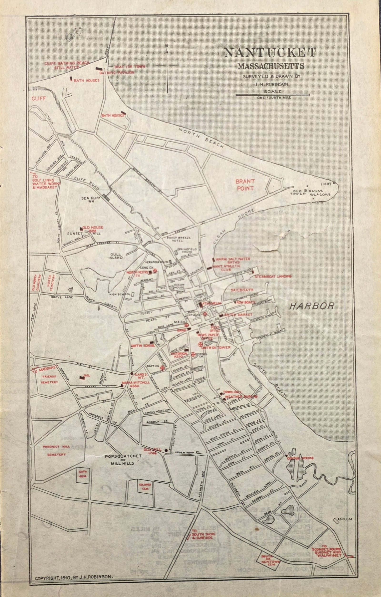 Scarce Antique Nantucket Street Map Surveyed & Drawn by J.H. Robinson, circa 1910 (1 of 7)