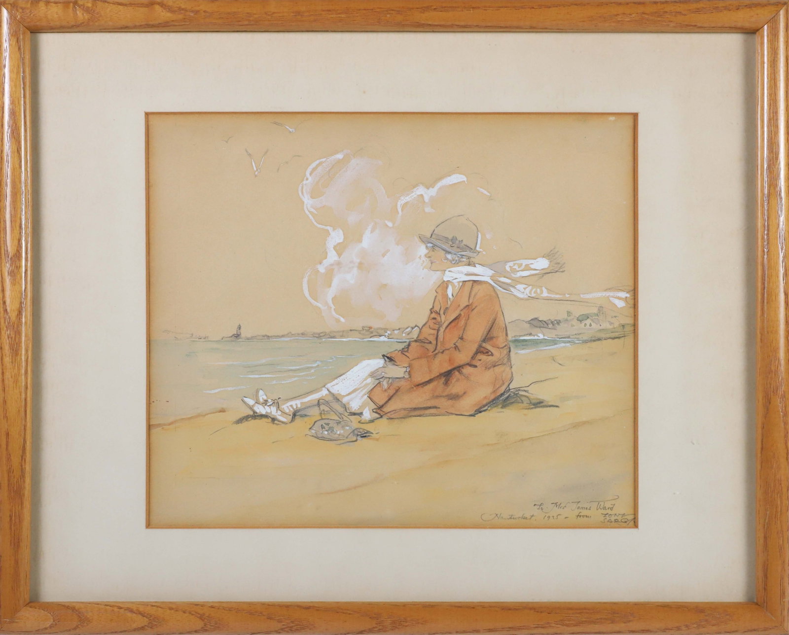 Tony Sarg Pencil and Gouache Portrait of "Mrs. James Ward" of Nantucket, 1925: Tony Sarg (1880-1942) Pencil and Gouache Portrait of "Mrs. James Ward" of Nantucket, 1925, depicted sitting on the beach in Sunday finery with wind blown scarf at her neck; remarked lower right: "To M