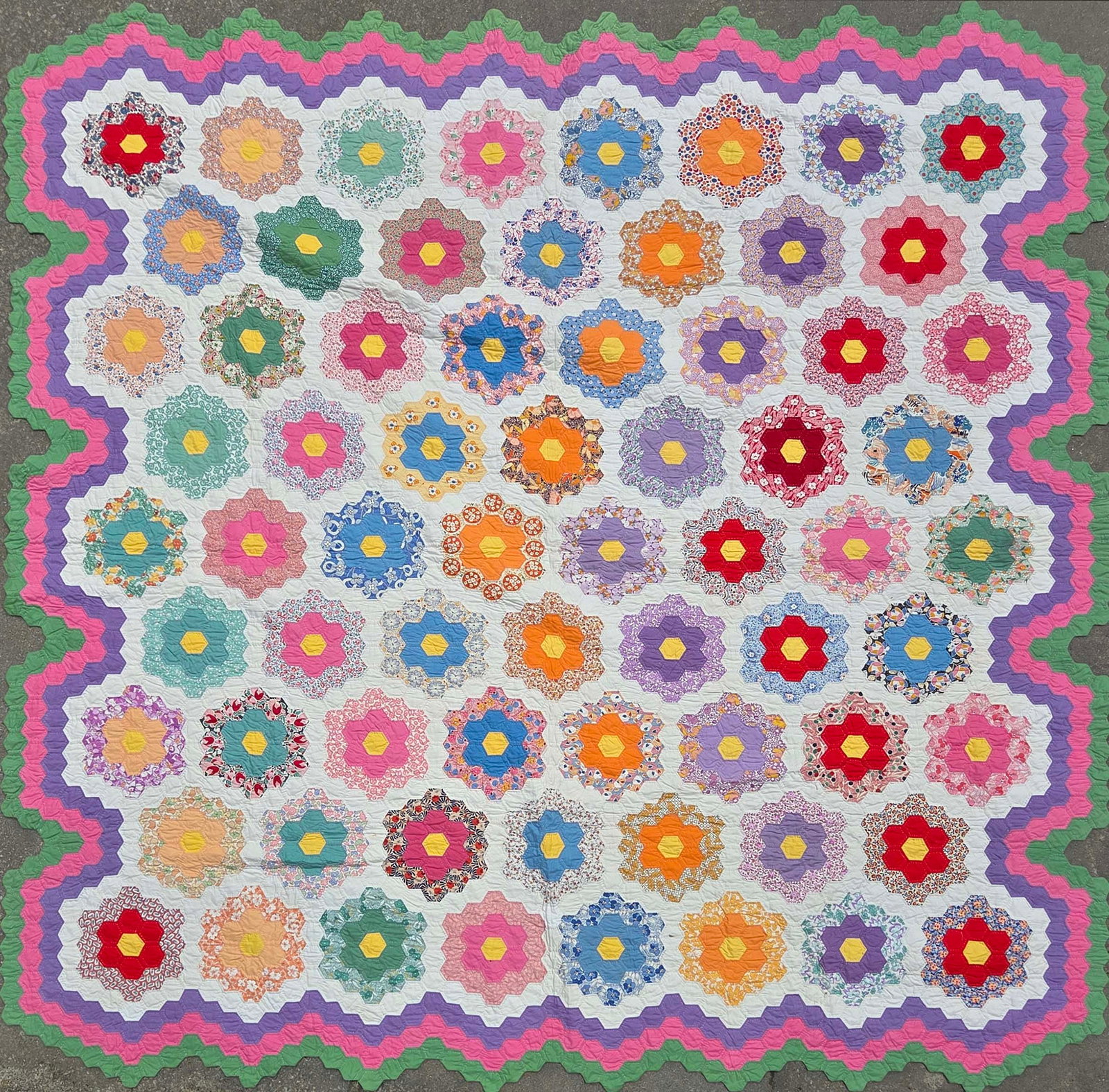 American Vintage Grandmother's Flower Garden Quilt, circa 1930s (1 of 6)