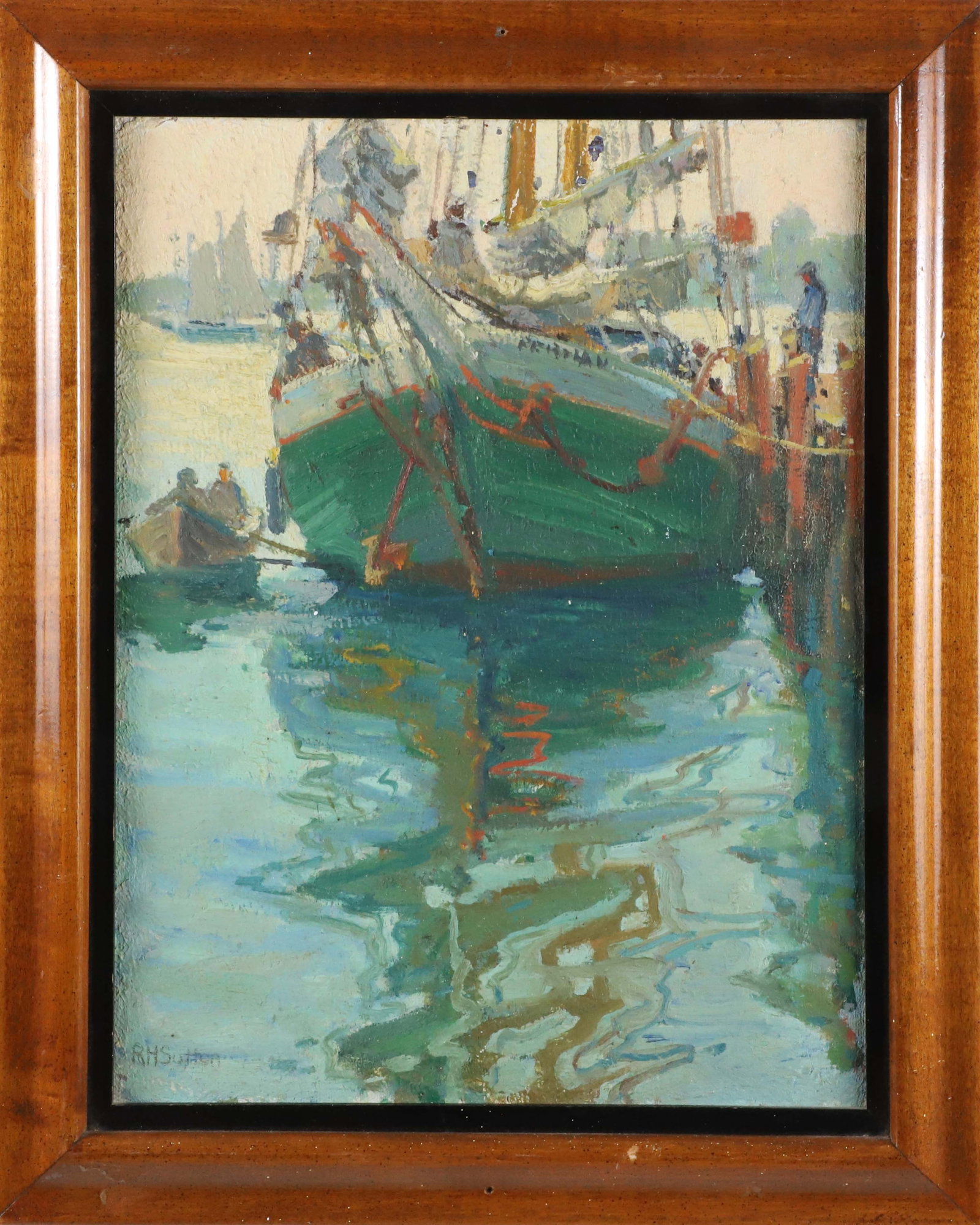 Ruth Haviland Sutton Oil on Artist Board "Green Hulled Fishing Boat Docked in Nantucket": Ruth Haviland Sutton (1898-1960) Oil on Artist Board "Green Hulled Fishing Boat Docked in Nantucket", signed lower left R.H. Sutton in molded wood frame with black wood liner. 16 in. x 12 in. Overall 