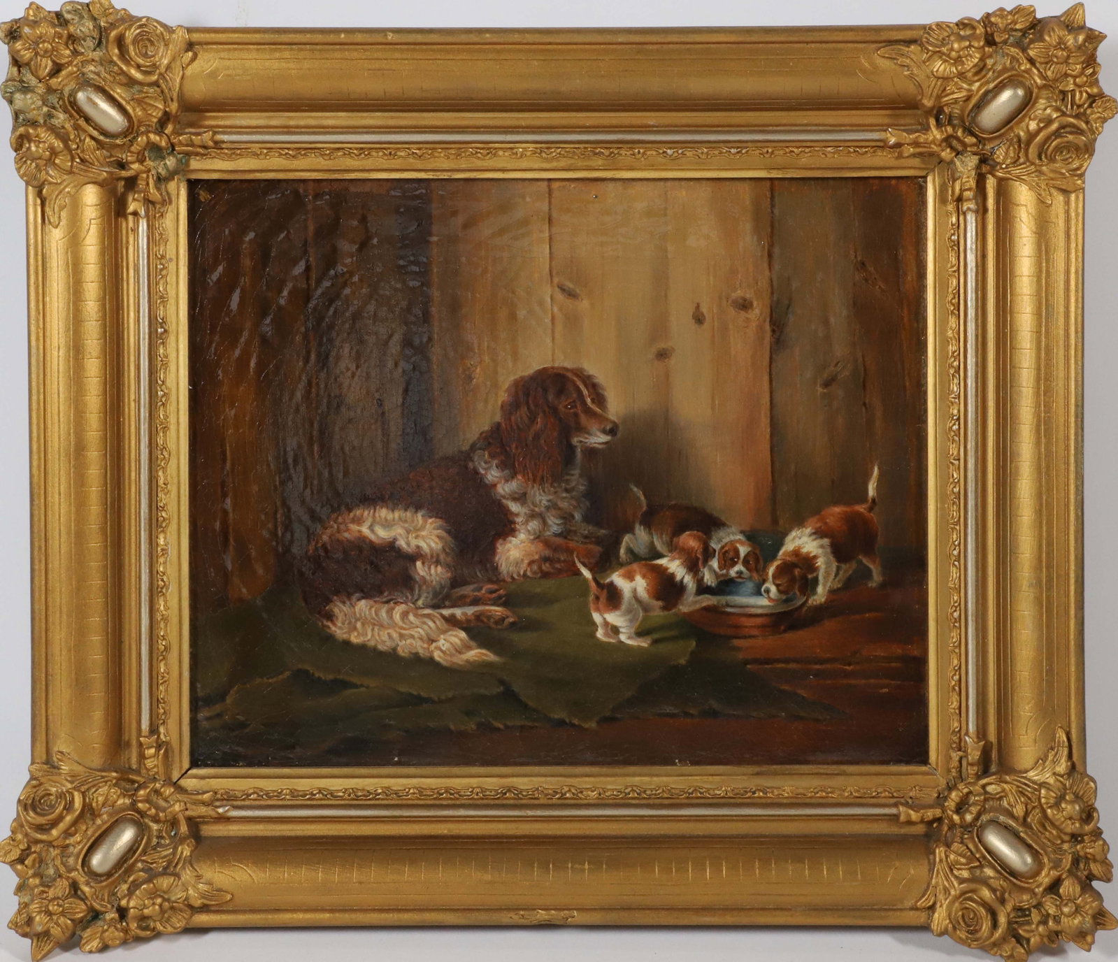 W. Zollikofer Oil on Canvas "Portrait of a Springer Spaniel and Her Litter", circa 1857: W. Zollikofer Oil on Canvas "Portrait of a Springer Spaniel and Her Litter", circa 1857, inscribed in pen on the stretcher W. Zollikofer, Fecit, 1857, original stretcher and frame 10 in. x 13 in. Fram