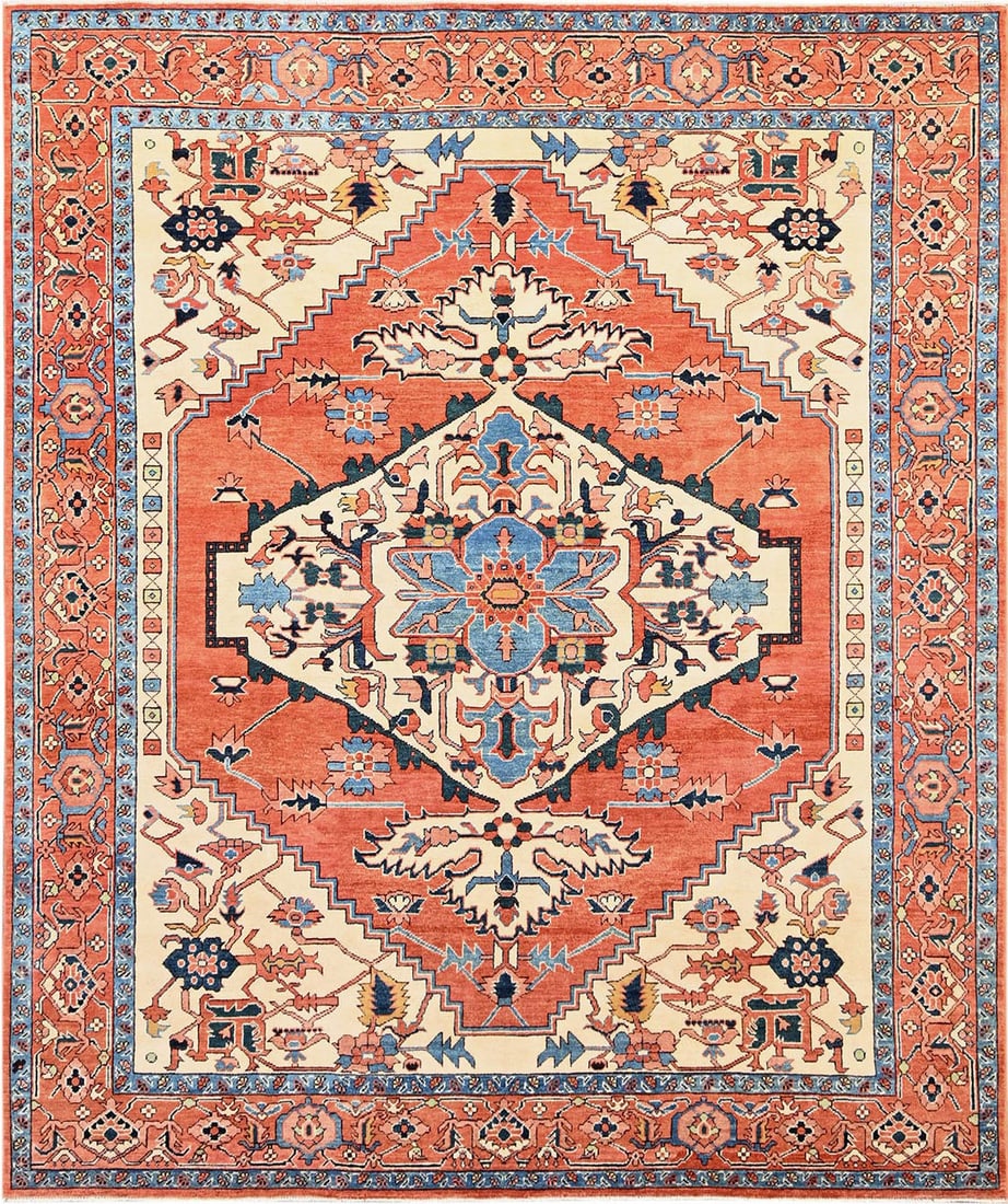 Rust Orange Afghan Peshawar with Serapi Heriz Design Oriental Rug: Rust Orange Afghan Peshawar with Serapi Heriz Design Oriental Rug, dense weave, vegetable dyes, pure wool, hand knotted 8ft. 3in. x 9ft. 10in.