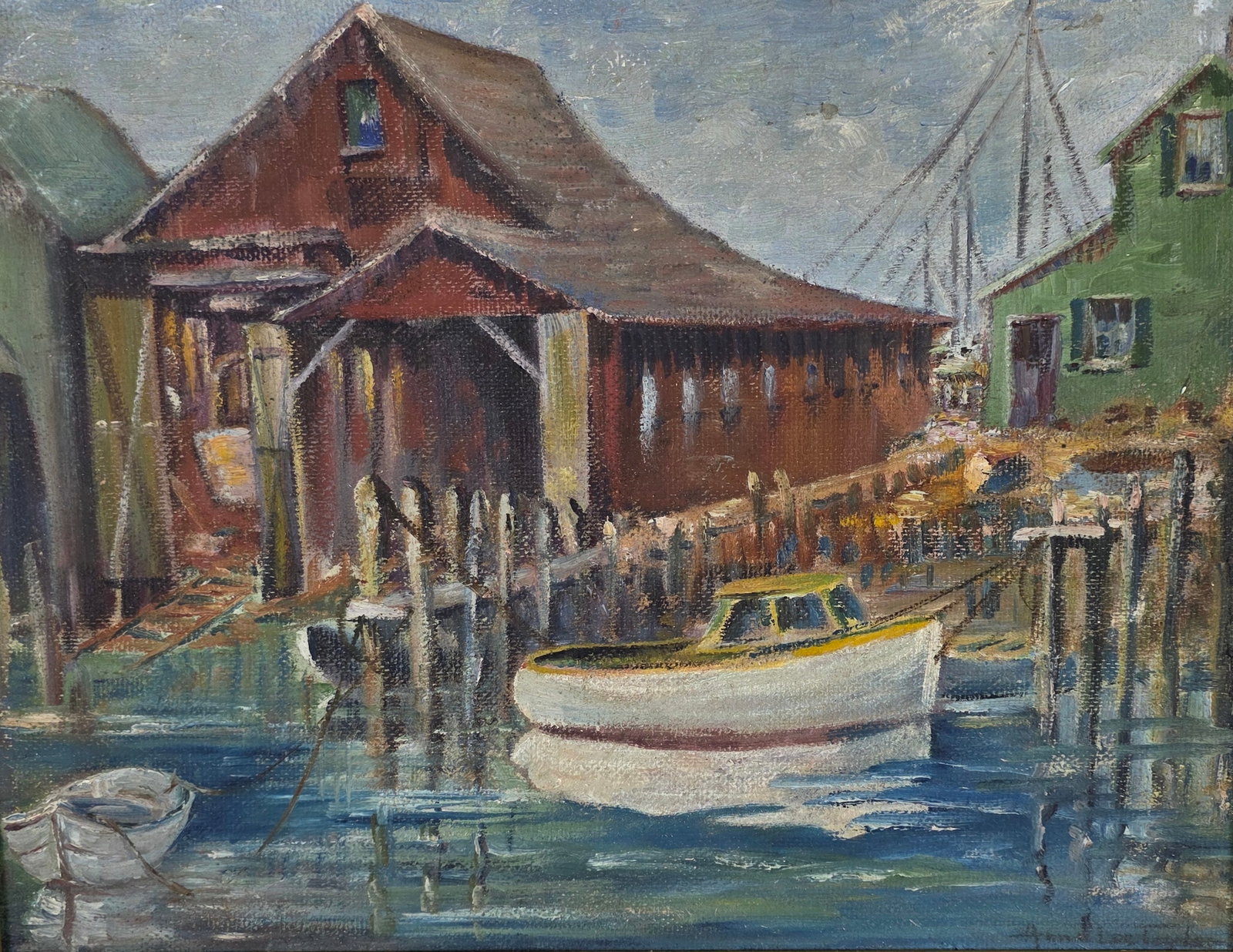 Antique Oil on Artists Board Harbor Wharf Impressionist Painting, 19th century: Antique Oil on Artists Board Harbor Wharf Impressionist Painting, 19th century, signed lower right 13.5 in. X 18 in. Oberall 16.75 in. X 21
