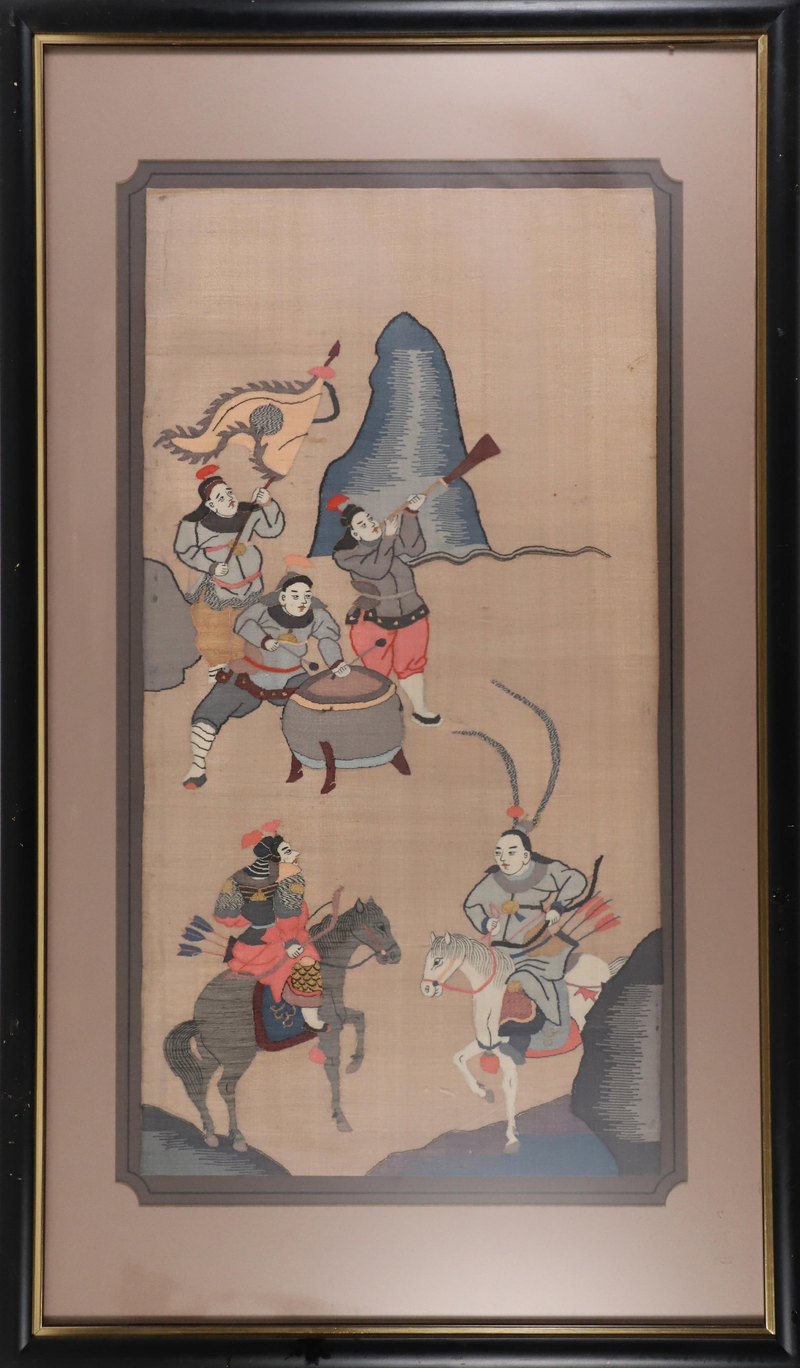 Chinese Kosu Silk Applique and Floss Embroidered Framed Panel of Samurai Warriors on Horseback (1 of 6)