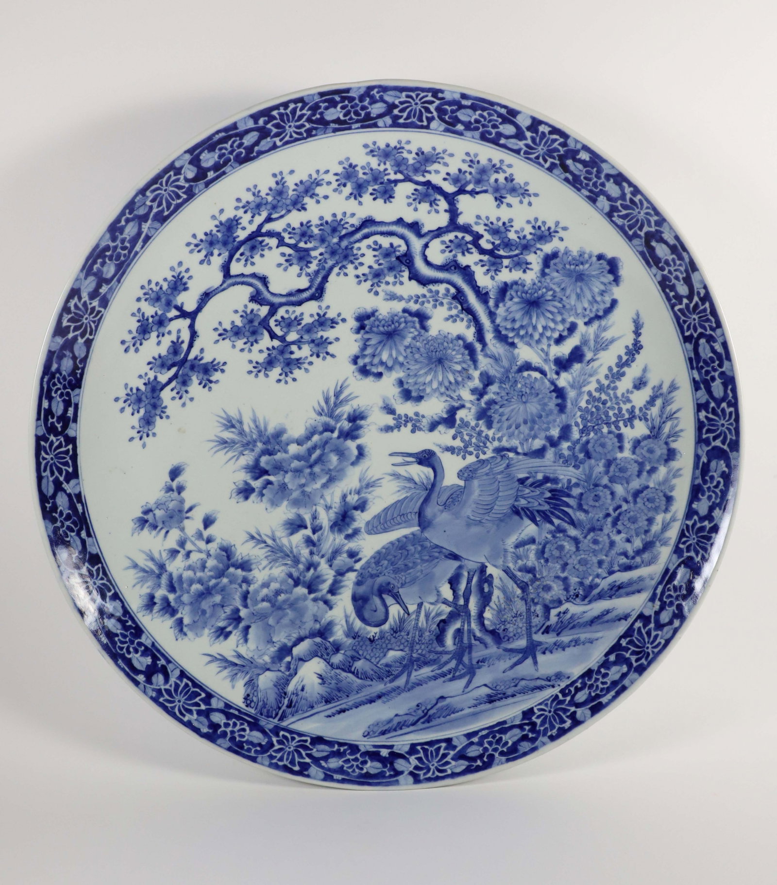 Japanese Blue and White Porcelain Charger of Hizen Ware (Crane), made by Kajiwara Kikujiro (1 of 7)