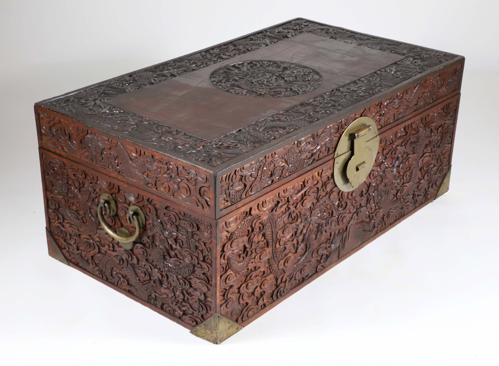 Fine Chinese Export Dragon Motif Carved Camphor Wood Trunk, 19th Century (1 of 10)