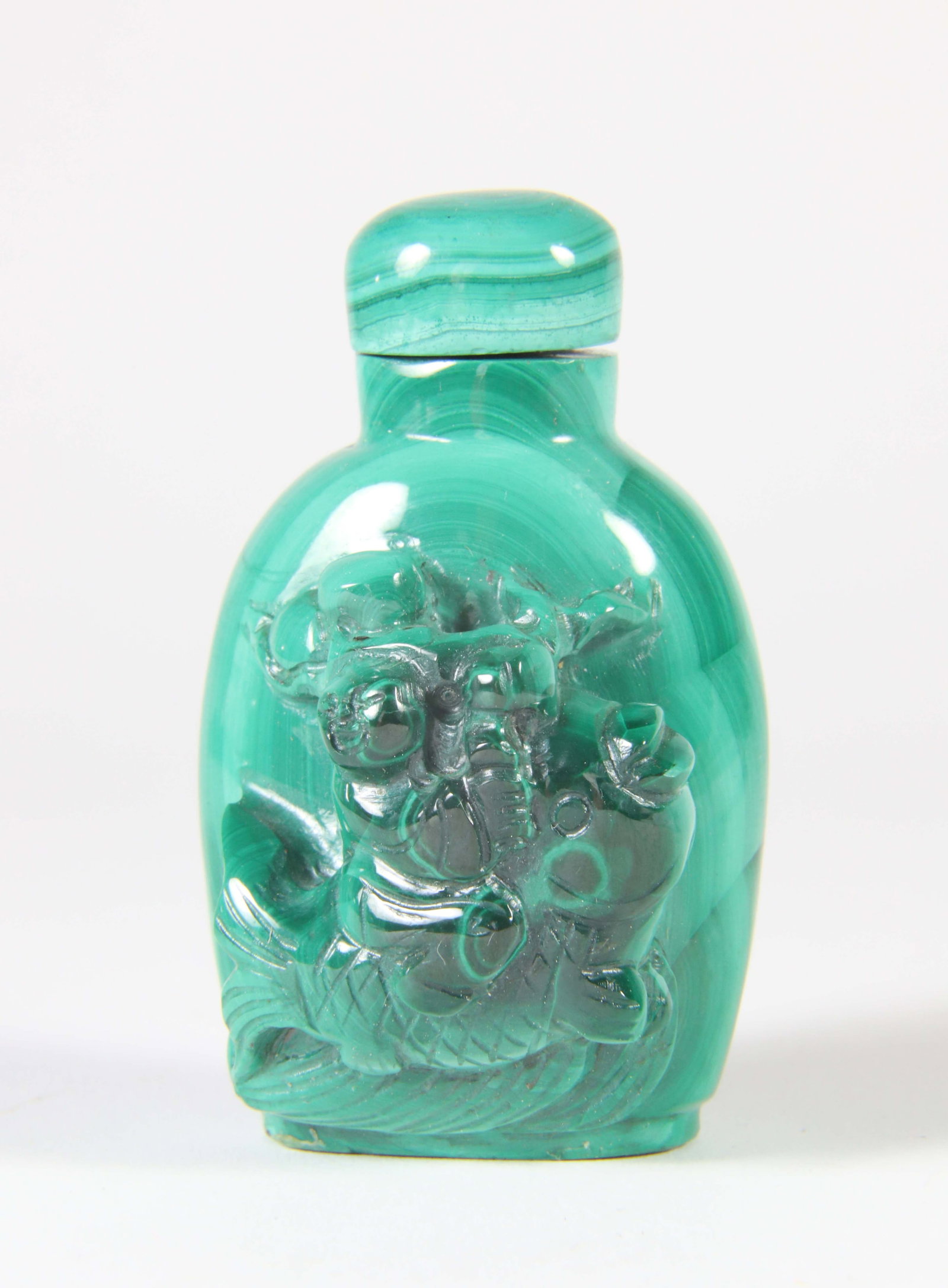 Chinese Malachite Glass "Laughing Buddha Atop a Carp" Snuff Bottle, Qing Dynasty (1 of 6)
