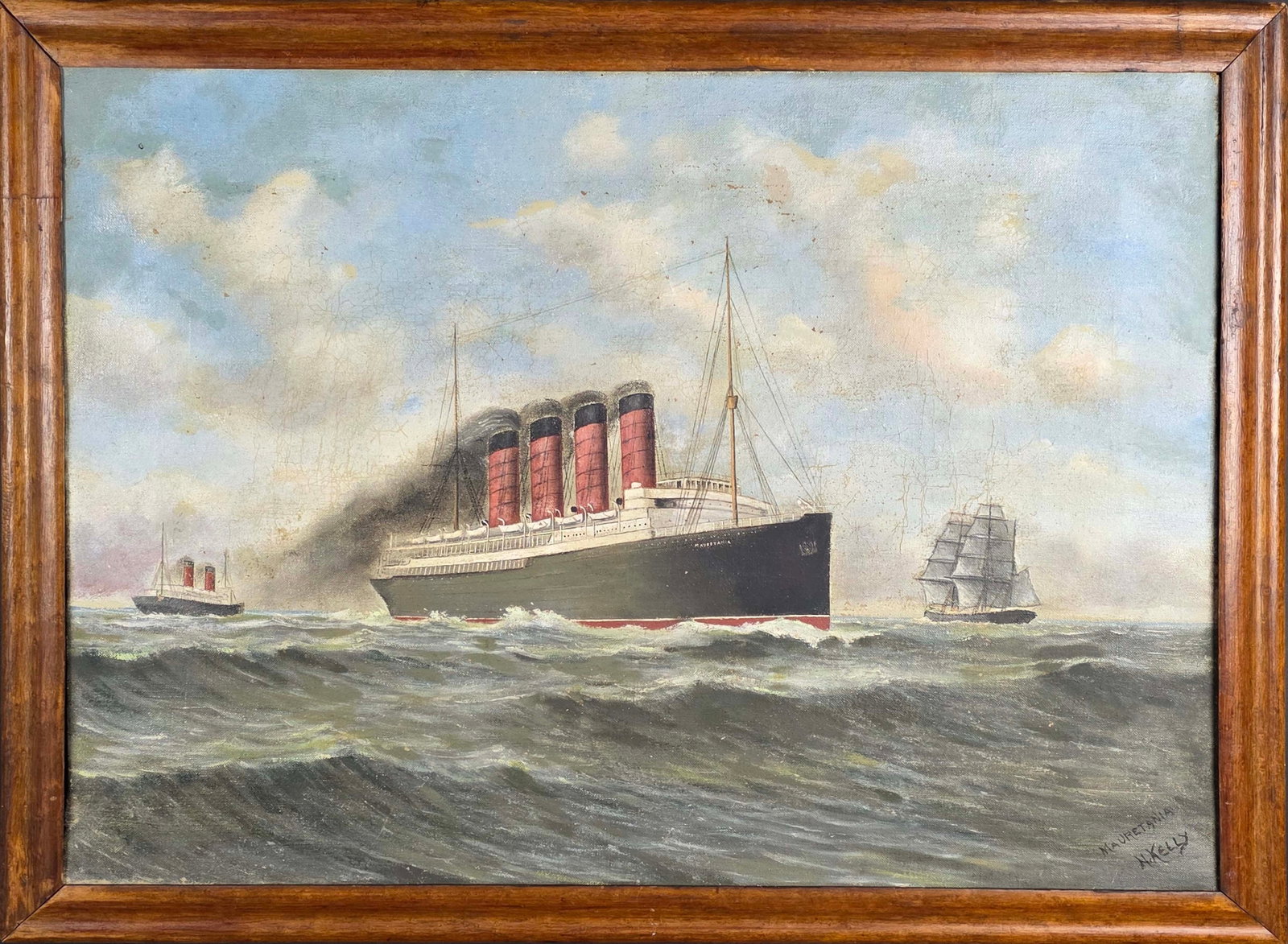 Antique Oil on Canvas Ship Portrait, "Mauretania" Painting, 19th century: Antique Oil on Canvas Ship Portrait, "Mauretania" Painting, 19th century, signed lower right H. Kelly. 17.75 in. X 24 in. Overall 20.75 in. X 27 in.