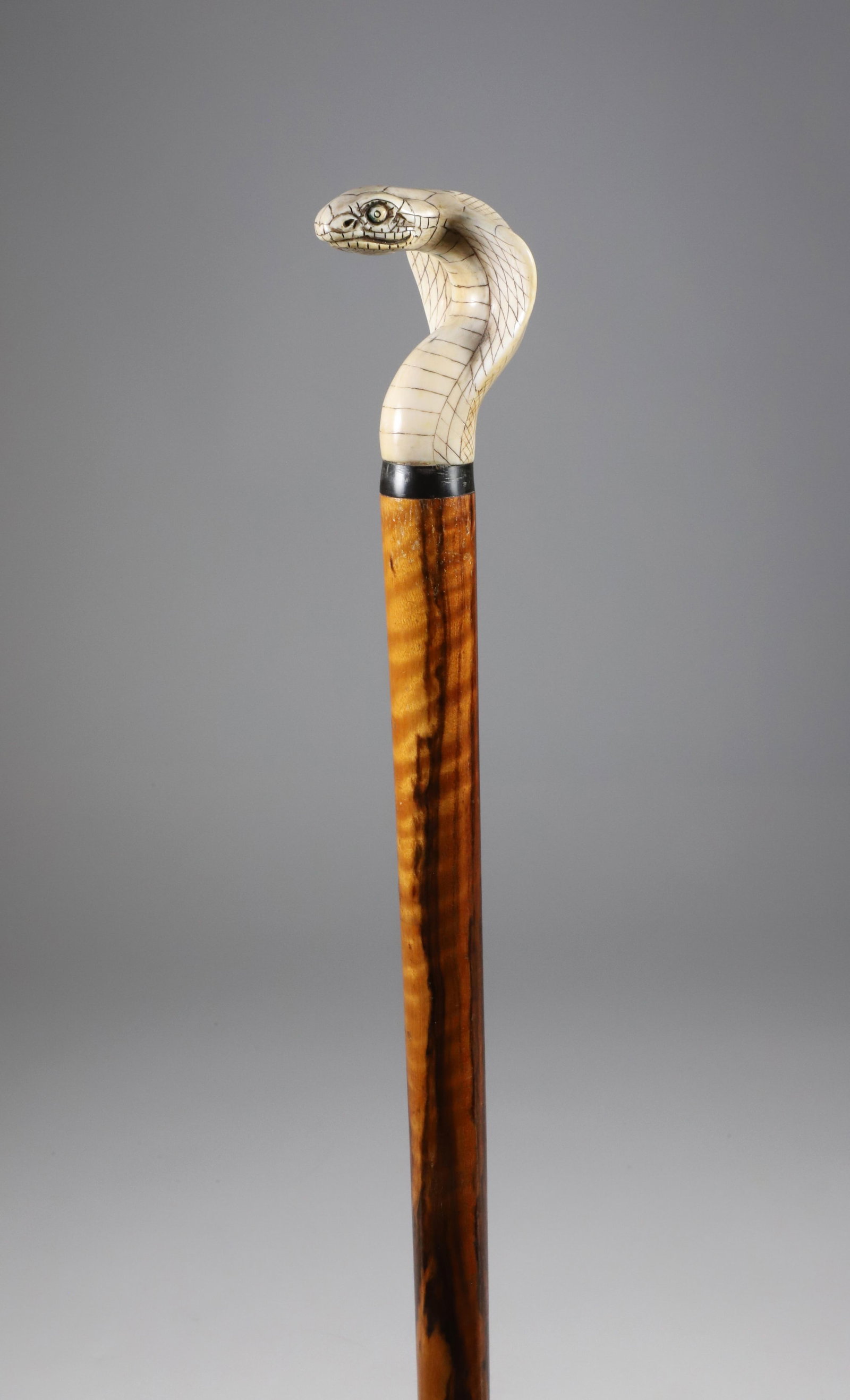 Carved and Engraved Rearing Cobra Grip Walking Stick, 19th Century
