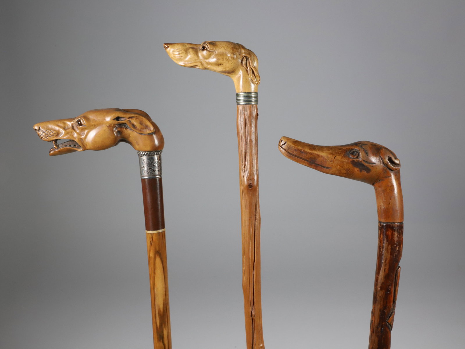 Three Carved Wood Whippet Dog Head Canes, 19th Century (1 of 6)