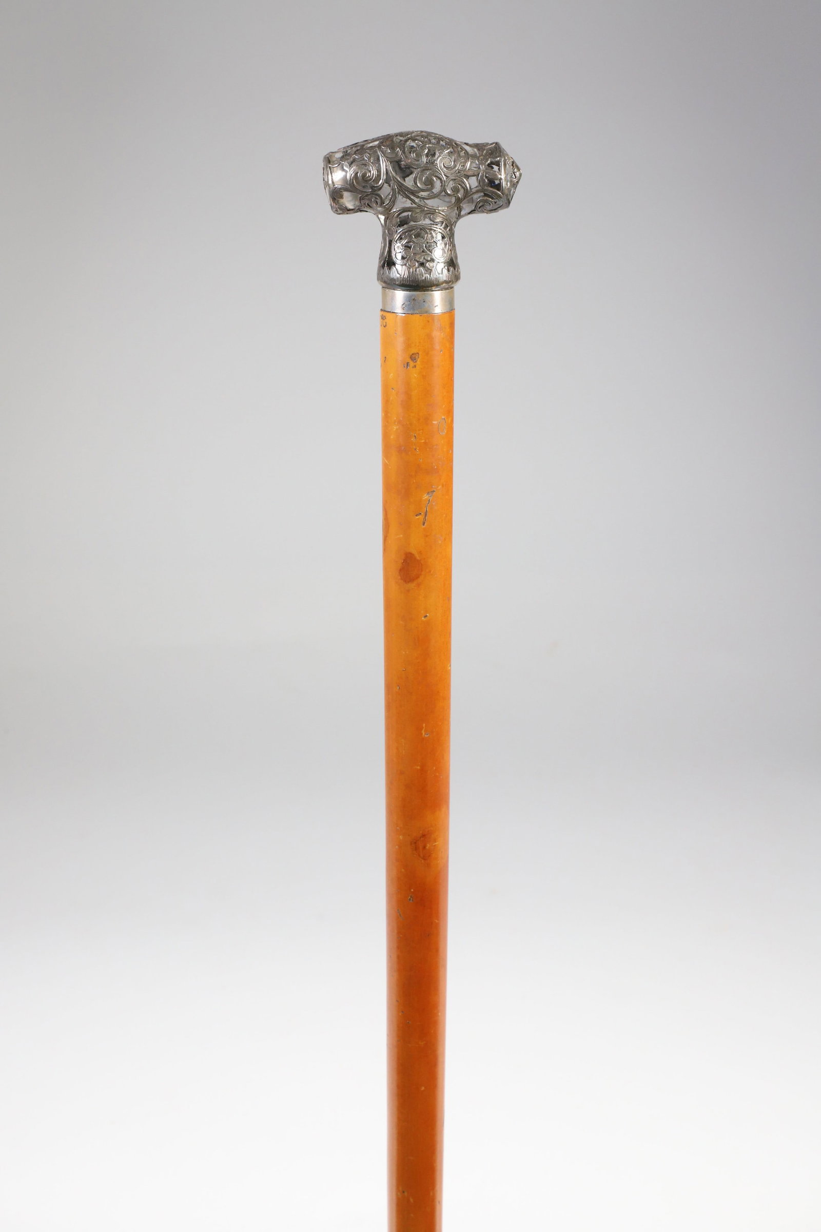 Overlay Silver on Glass T-Grip Walking Stick, 19th Century: Overlay Silver on Glass T-Grip Walking Stick, 19th Century, on malacca shaft. Length 38.5 in. Provenance: The Estate of Herbert E. Sackett, Bristol, Rhode Island