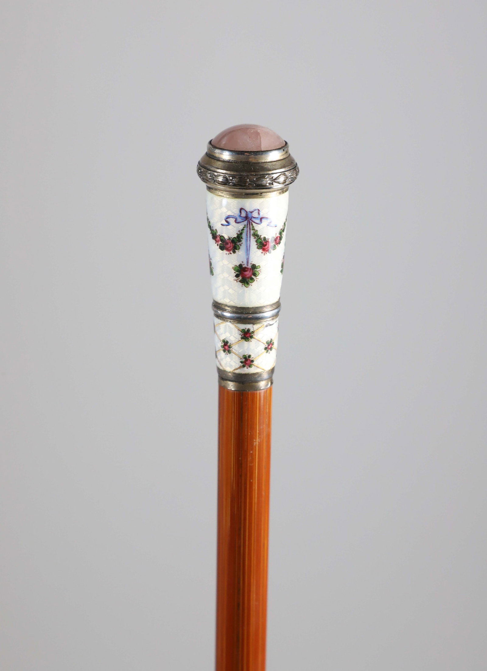 European Enamel, Rose Quartz, and Sterling Silver Walking Stick, 19th Century: European Enamel, Rose Quartz, and Sterling Silver Walking Stick, 19th Century, on wood shaft. Length 37 in. Provenance: The Estate of Herbert E. Sackett, Bristol, Rhode Island