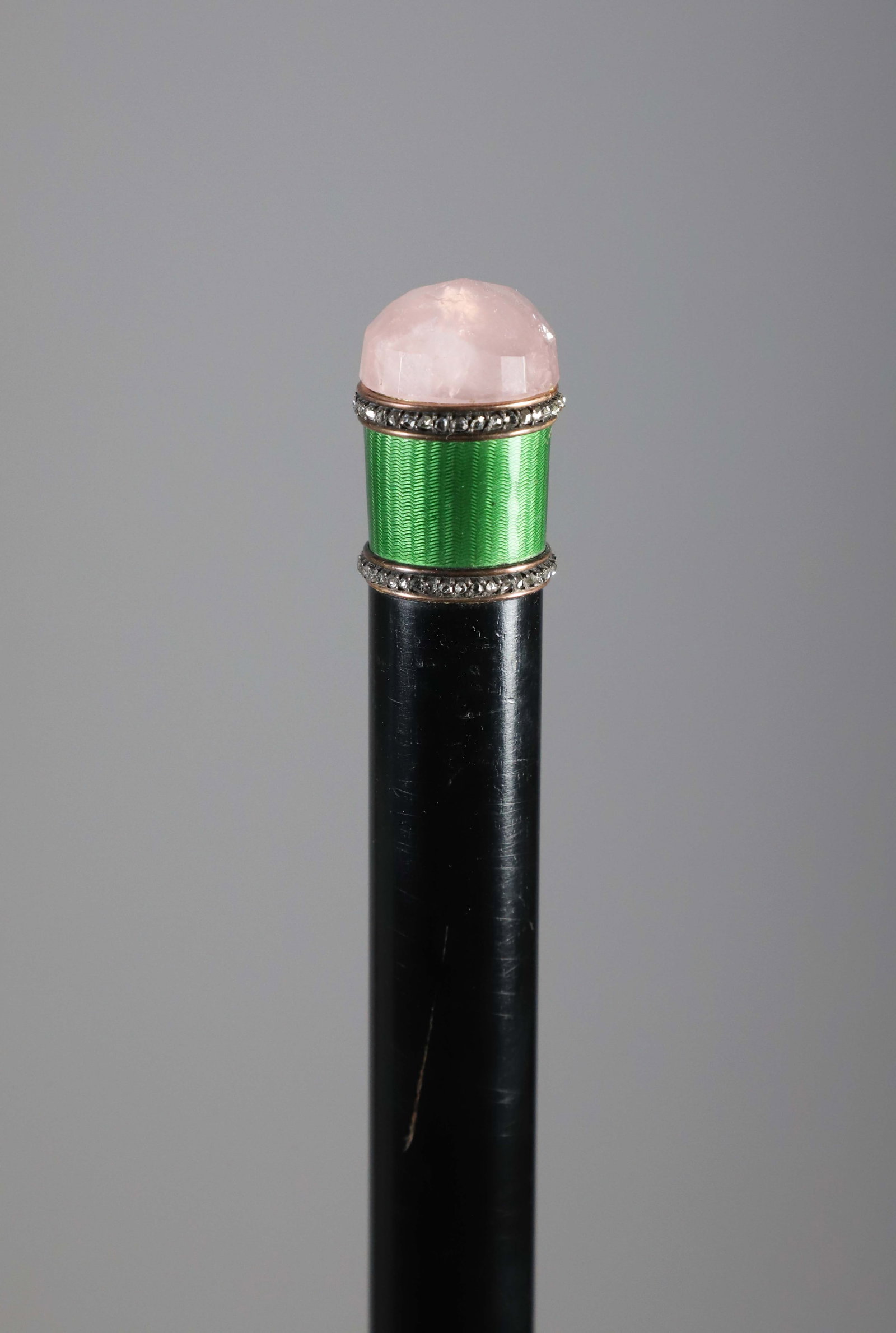 Faceted Rose Quartz, Green Enamel, and Crystal Tuxedo Walking Stick, 19th Century: Faceted Rose Quartz, Green Enamel, and Crystal Gentleman's Tuxedo Walking Stick, 19th Century, on ebonized wood shaft Length 30 in. Provenance: The Estate of Herbert E. Sackett, Bristol, Rhode Island