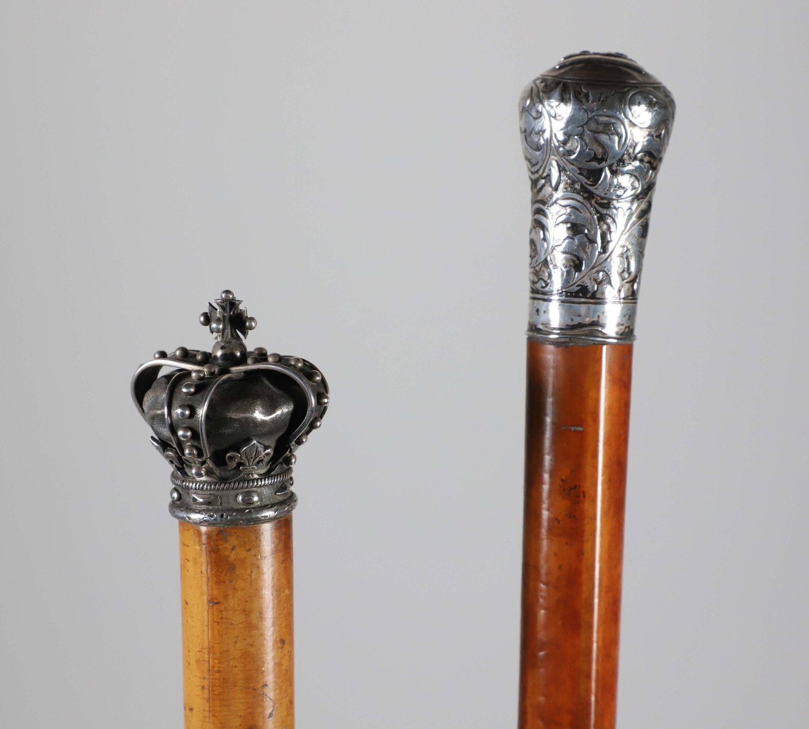 Two Sterling Silver Knob Walking Sticks, 19th Century