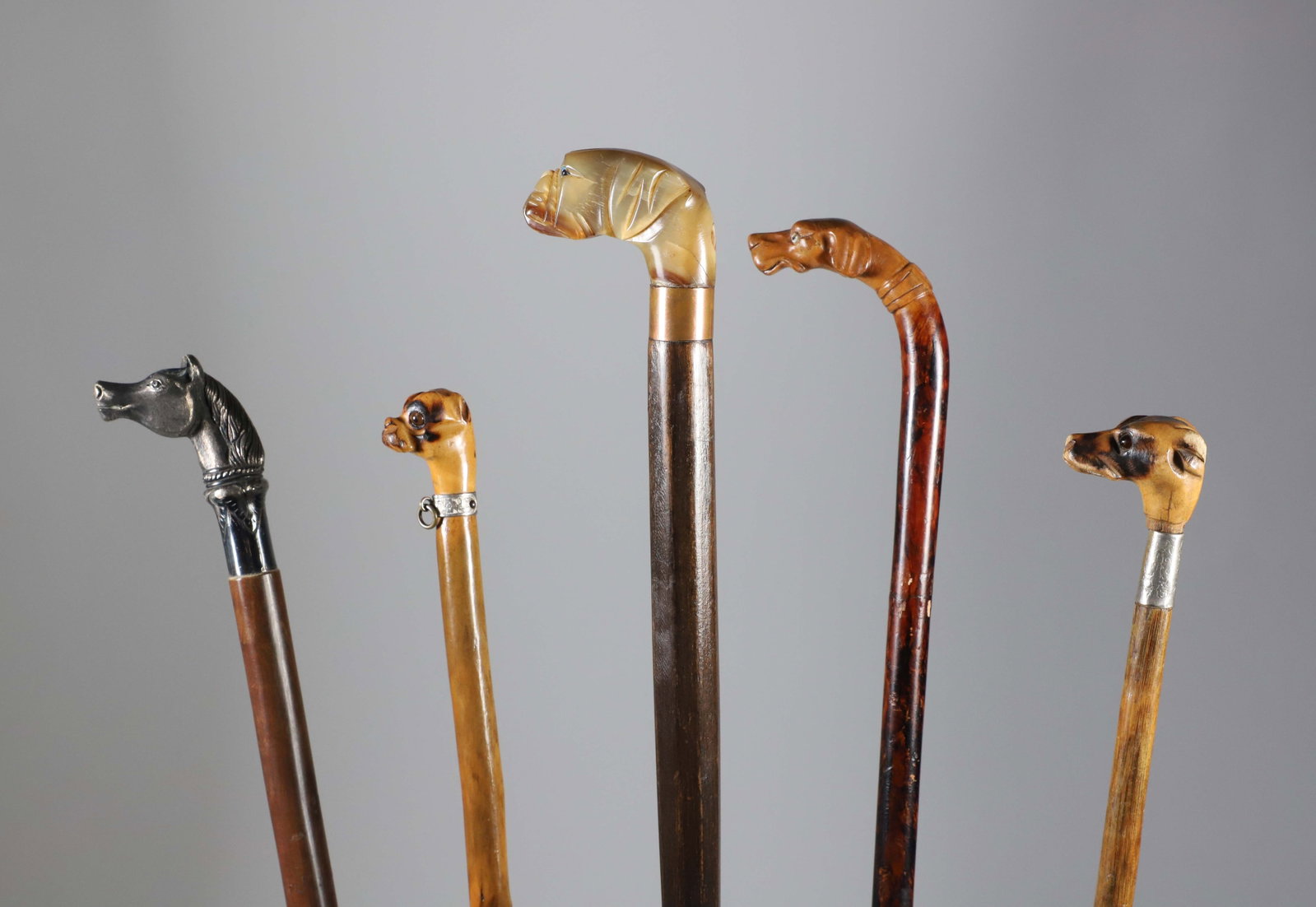 Collection of Five Diminutive Animal Head Walking Sticks, 19th Century