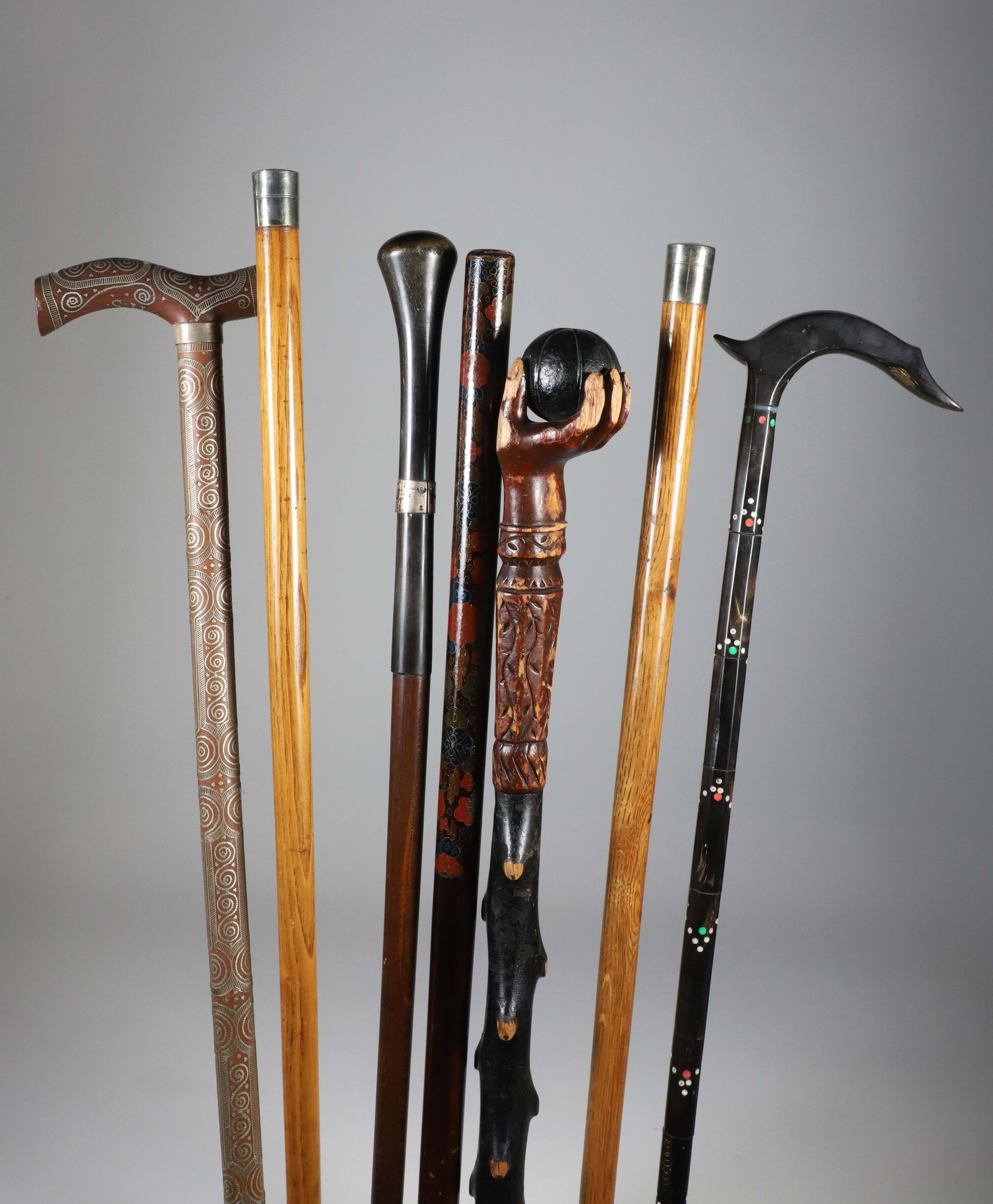 Miscellaneous Lot of Seven Vintage Canes and Walking Sticks on Wood Shafts (1 of 7)