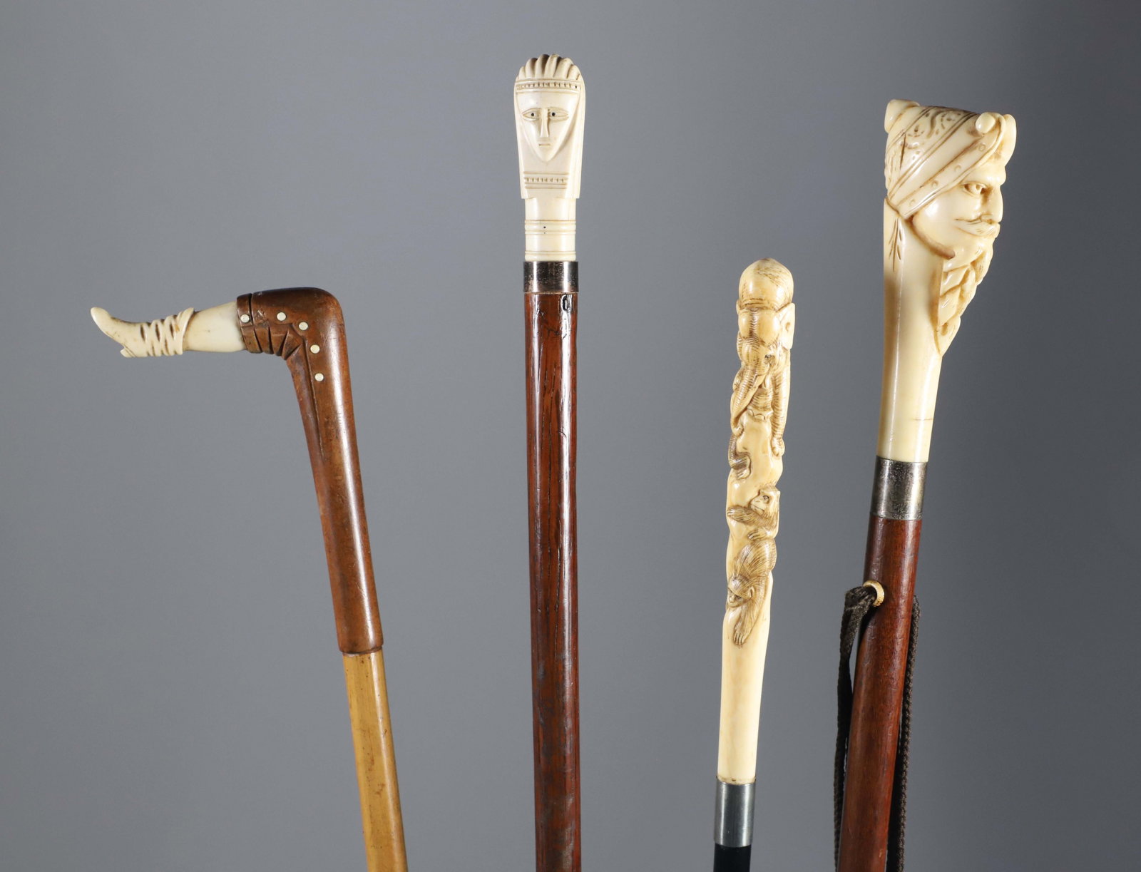Four Various Diminutive Carved Grip Walking Sticks, 19th Century (1 of 8)