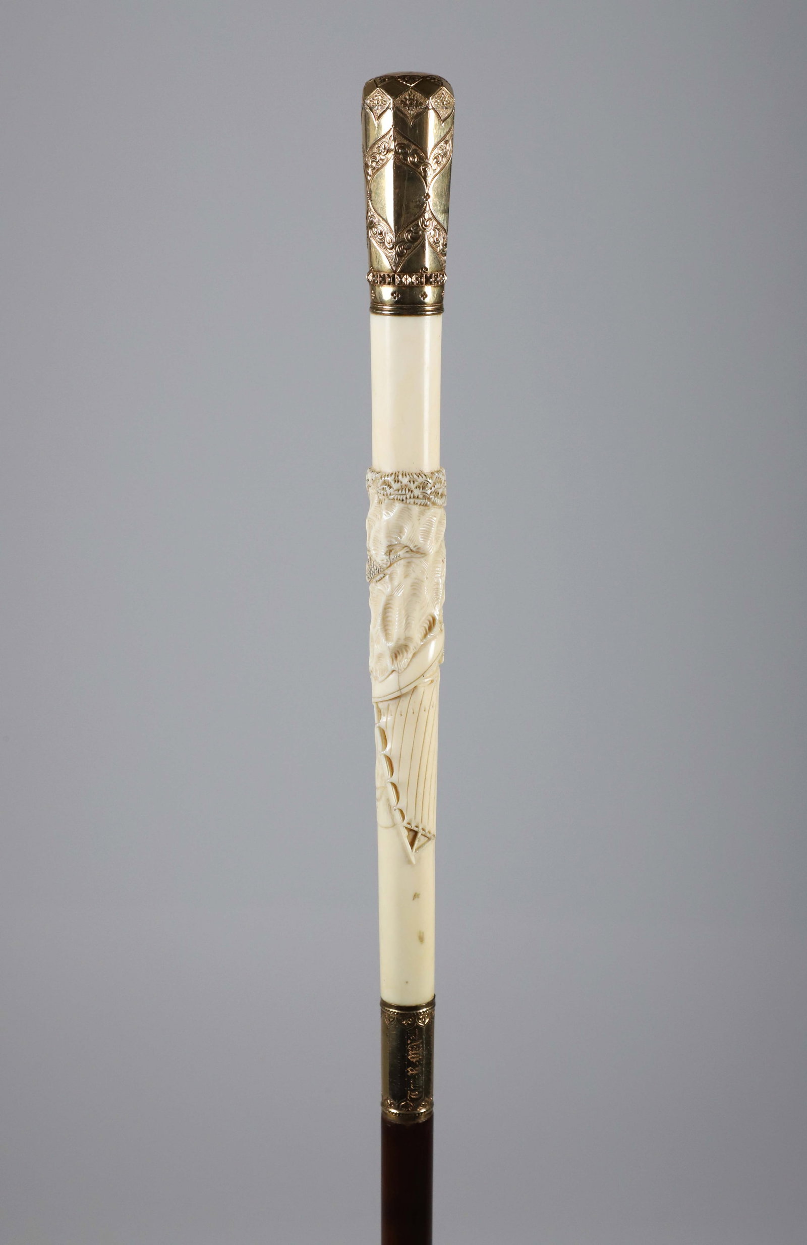 Asian Engraved Gold Filled Walking Stick, 19th Century