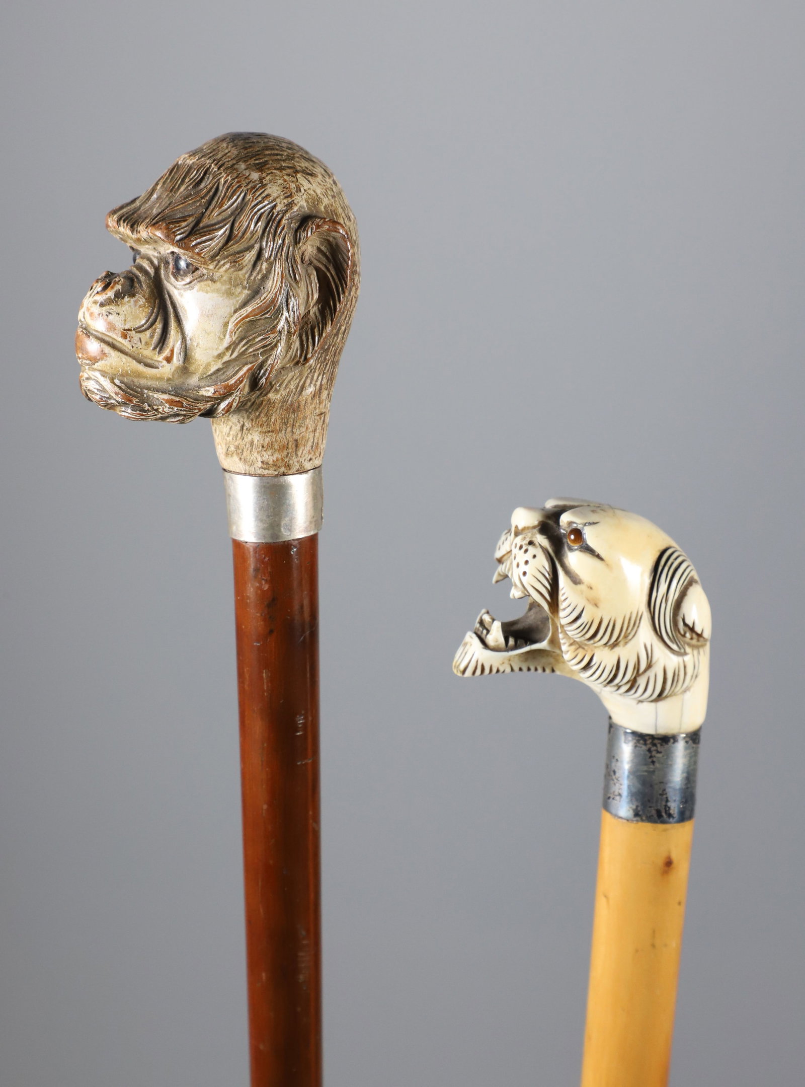 Two Sticks: Carved Monkey's Head and a Growling Tiger Walking Sticks, 19th Century (1 of 7)