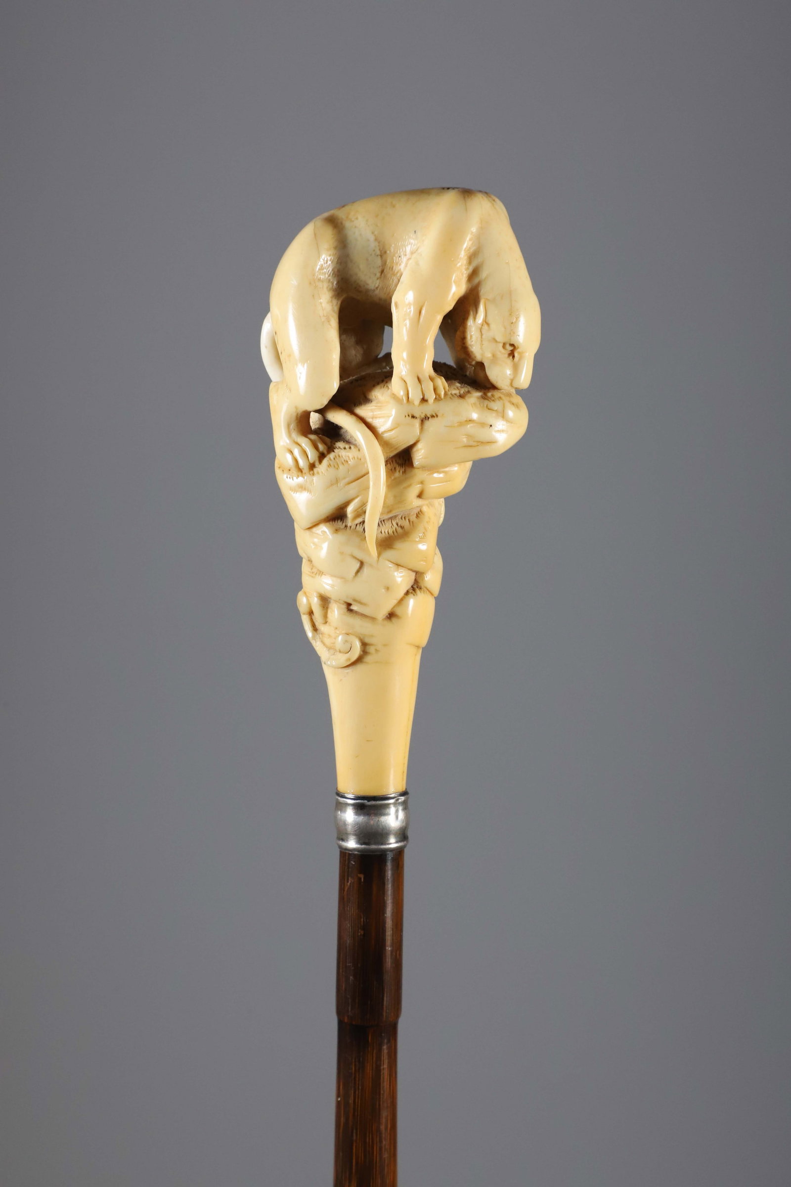 Carved Mountain Lion on Rock Formation Grip Walking Stick, 19th Century