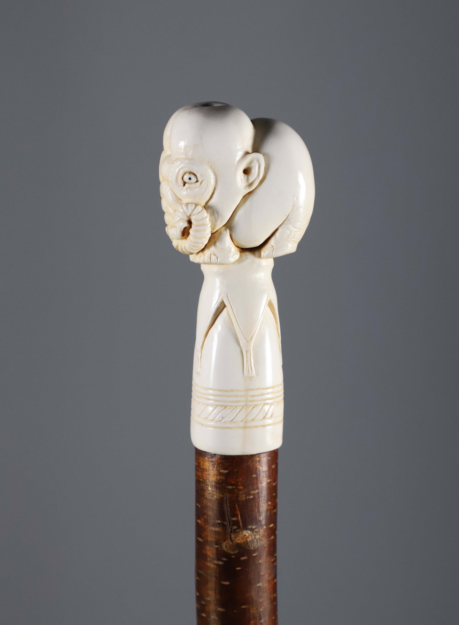 Elephant Carved Grip Walking Stick, 19th Century