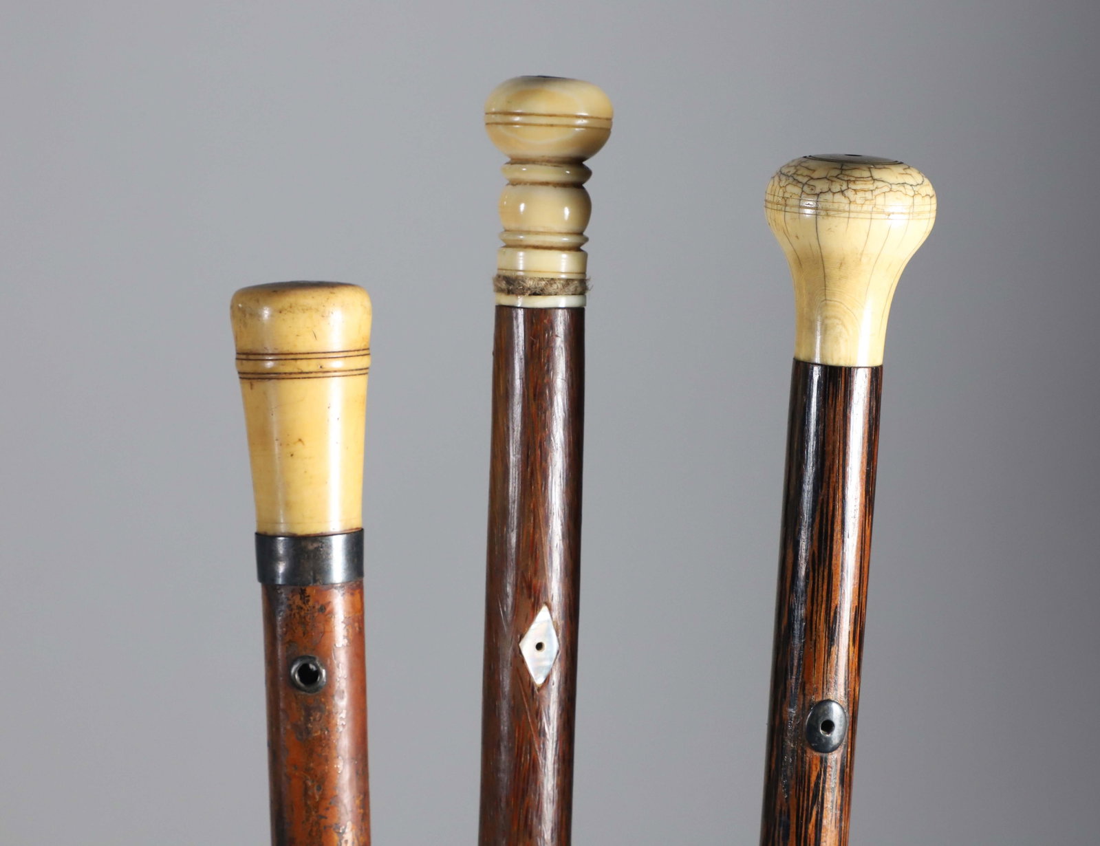 Group of Three Whaler Made Knob Grip Walking Sticks, 19th Century