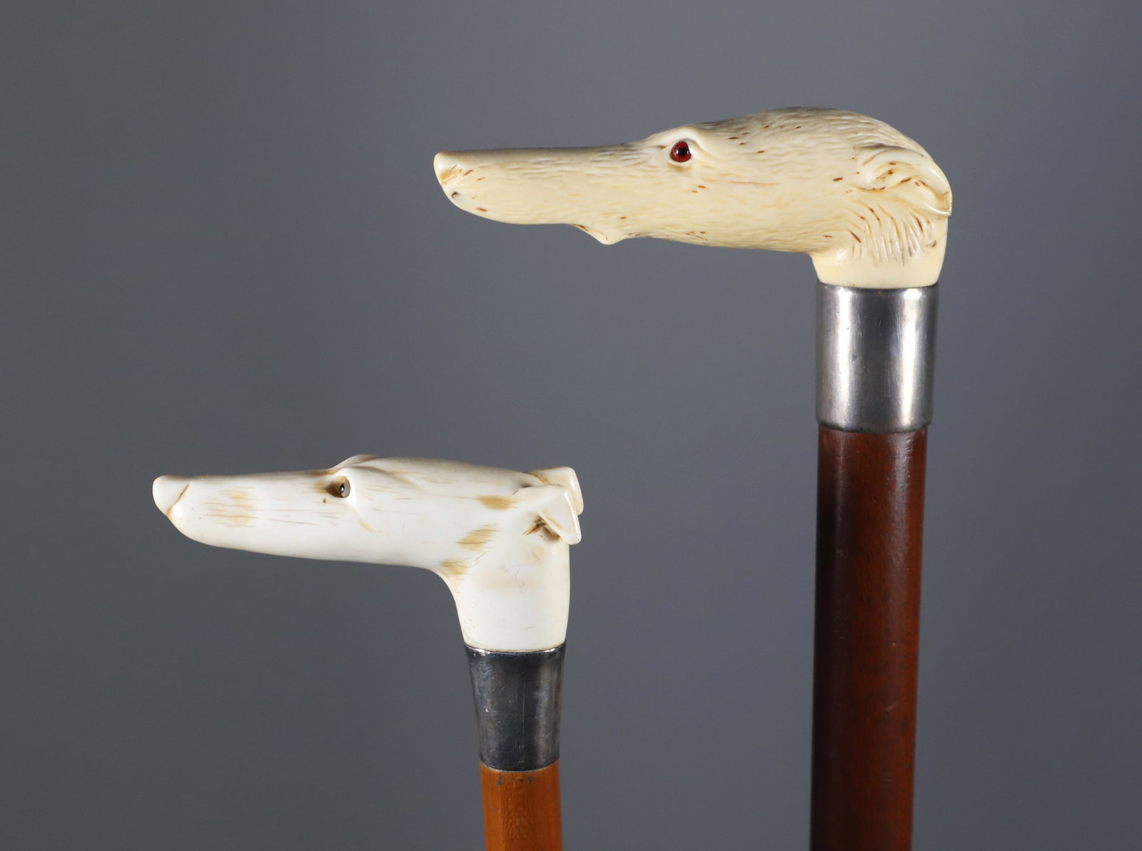 Two Carved Whippet Dog Head Canes, 19th Century