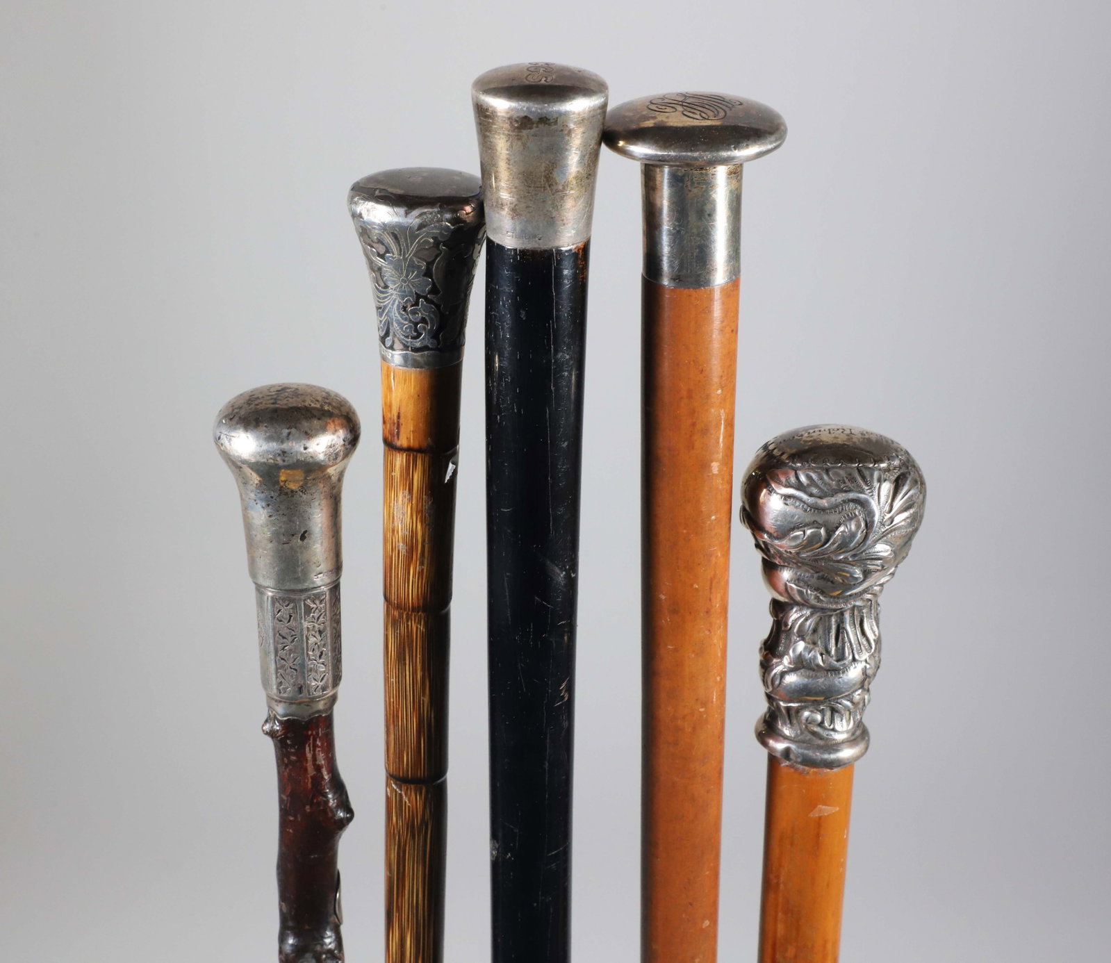 Five Sterling Silver Knob Handled Walking Sticks, 19th Century