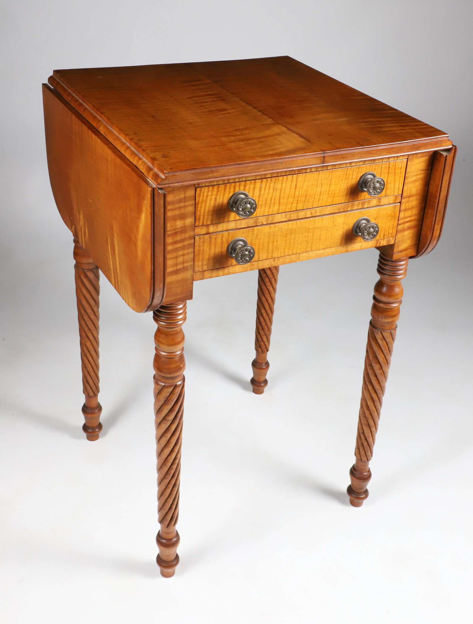 American Sheraton Tiger Maple and Mahogany Two Drawer Drop Leaf Work Stand (1 of 5)