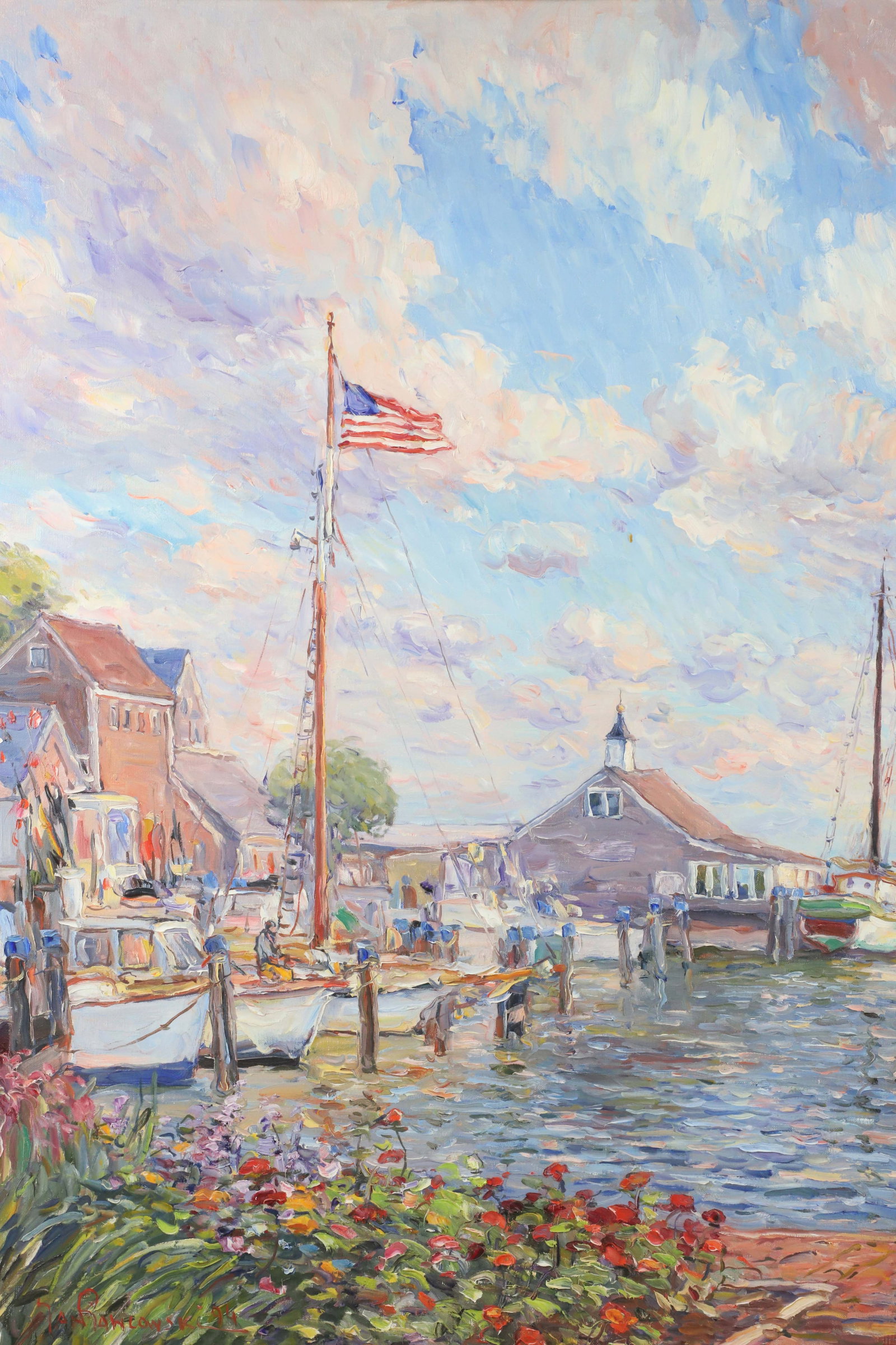 Jan Pawlowski (Polish-American) Oil on Canvas "Nantucket Harbor at Straight Wharf" - 2