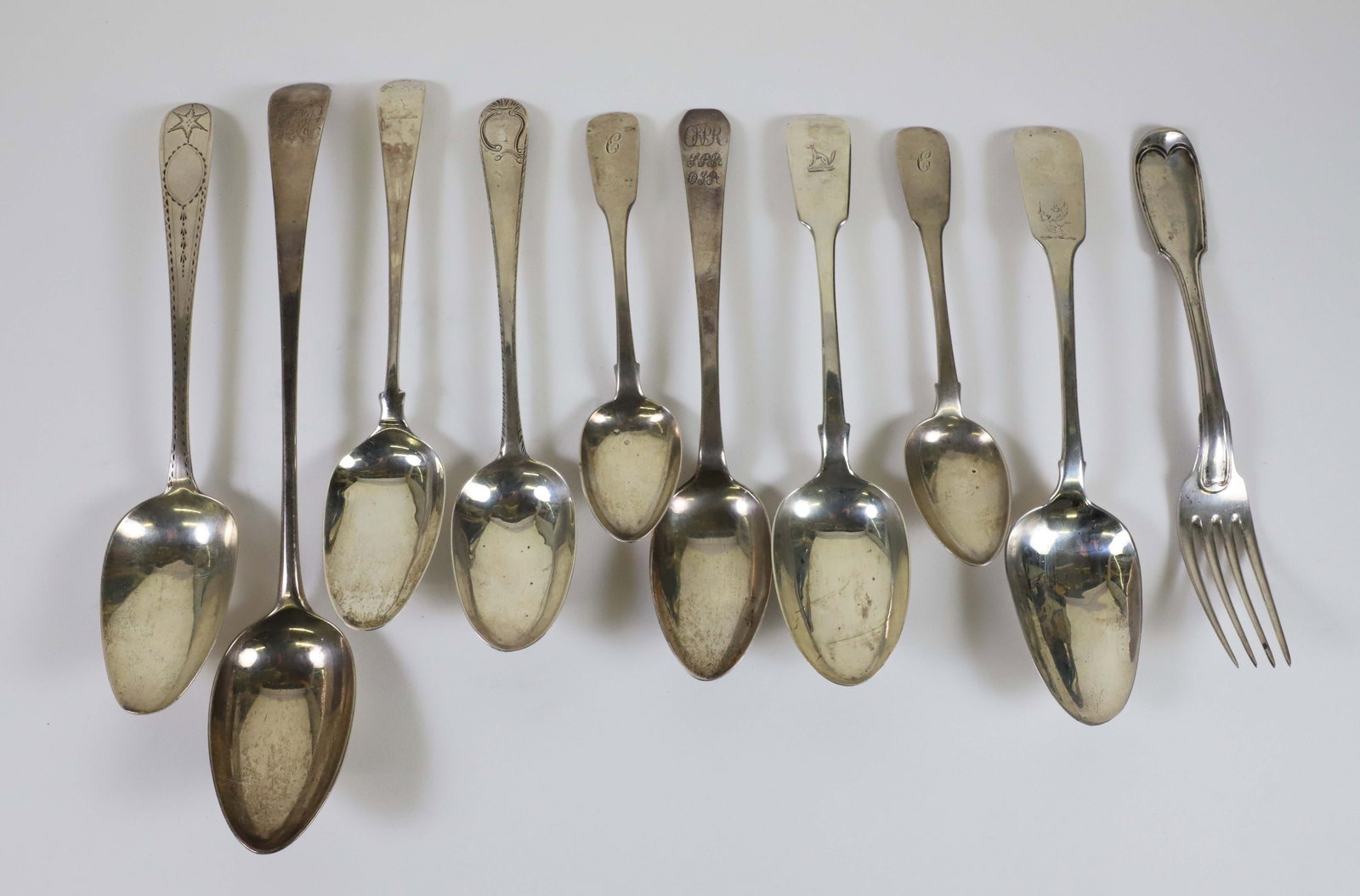 Nine Misc. Irish, English, American Spoons, and French Fork, 18th / 19th Century, by Various Makers (1 of 3)