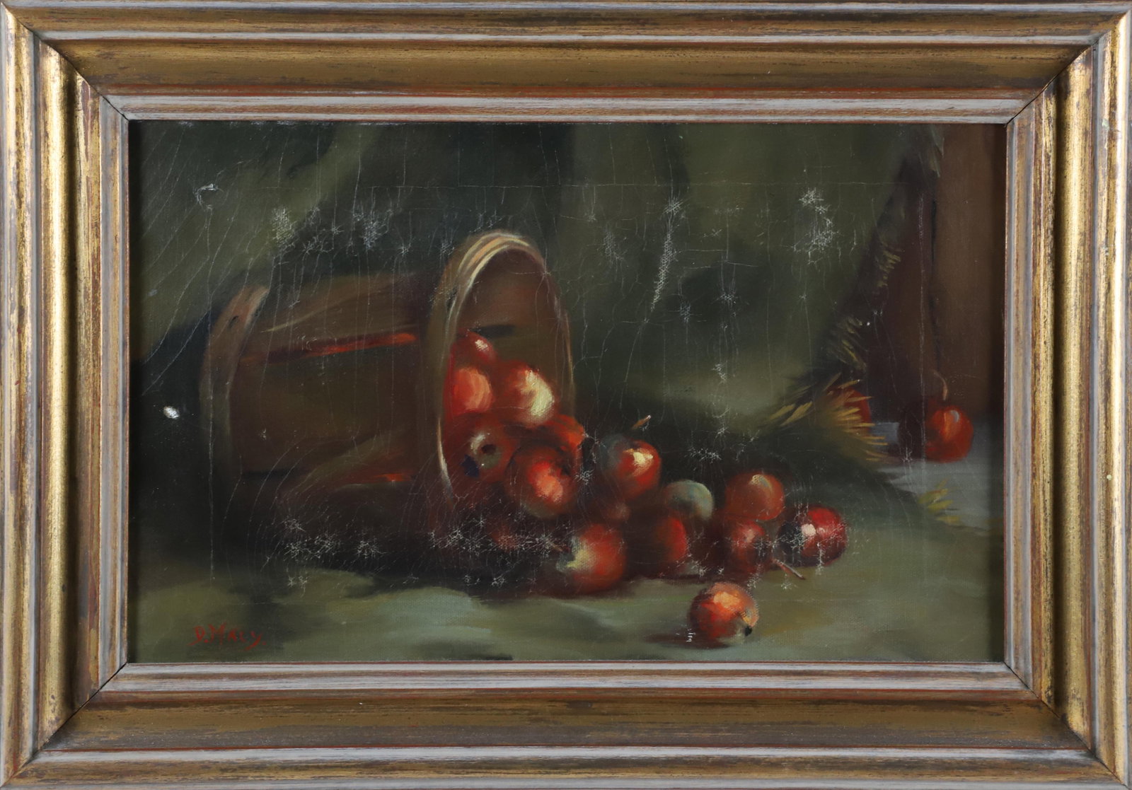 Dee Macy Oil on Canvas "Apple Still Life": Dee Macy (American Contemporary) Oil on Canvas "Apple Still Life", signed lower left D. Macy, in molded gilt wood frame. 9.5 in. x 15.5 in. Framed 14 in. x 20 in.
