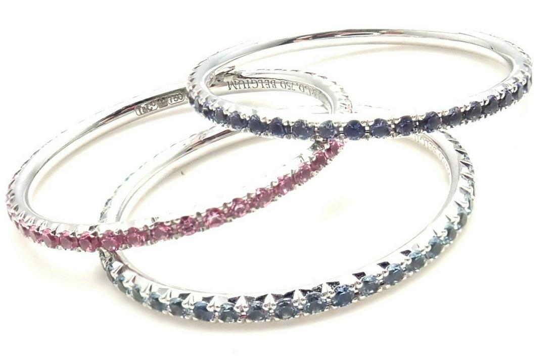Tiffany & Co Metro 18K Gold Sapphire Aqua Bracelet: Metal: 18k White Gold Size: 8 Weight:Ã¥ Width: All three bands: 3.5 gramsEach band is 1.5mmÃ¥ Stones: Pink Sapphires total weight approx. .30ctIolites total weight approx. .30ctAquamarines total w