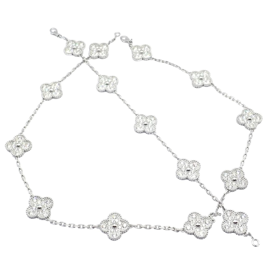 Van Cleef & Arpels 18k Gold Vintage Alhambra Diamond Necklace Bracelet Set Cert.: About This Piece: The Van Cleef & Arpels 18k White Gold 10 Motif Vintage Alhambra Necklace And 18k White Gold 5 Motif Vintage Alha