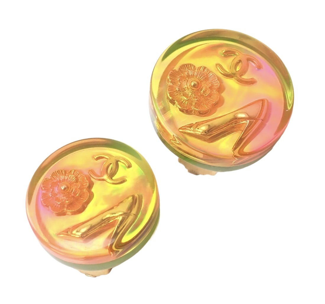 Vintage Chanel Paris France Holographic Logo Camellia Earrings 1997 Spring: About This Piece: These earrings are in great condition, ear pads are new for comfort and safety. Include