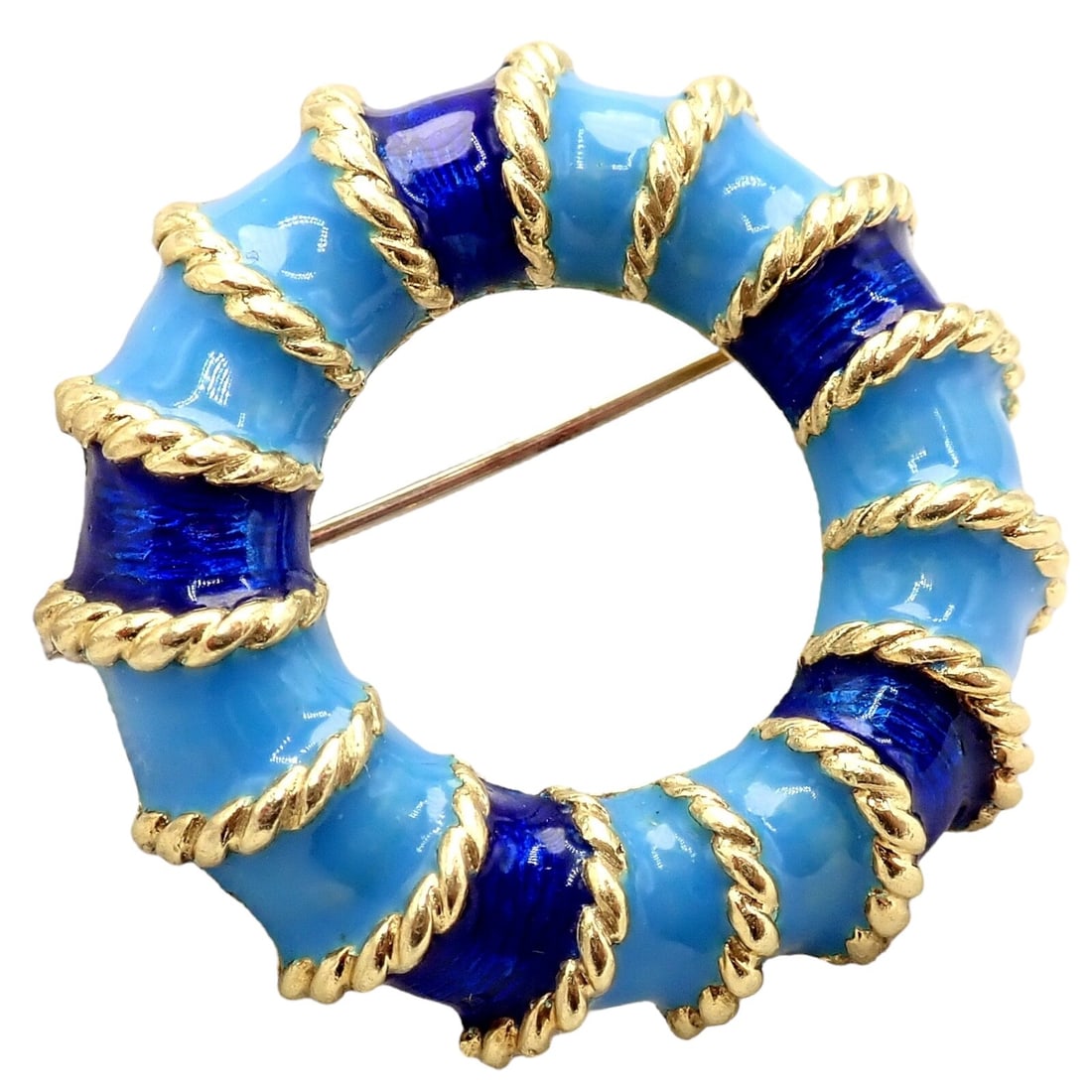 Vintage Tiffany & Co 18k Yellow Gold Blue Enamel Circle Rope Brooch Pin: About This Piece: Exuding timeless elegance, this Rare! Vintage Tiffany & Co 18k Yellow Gold Circle Rope Brooch P