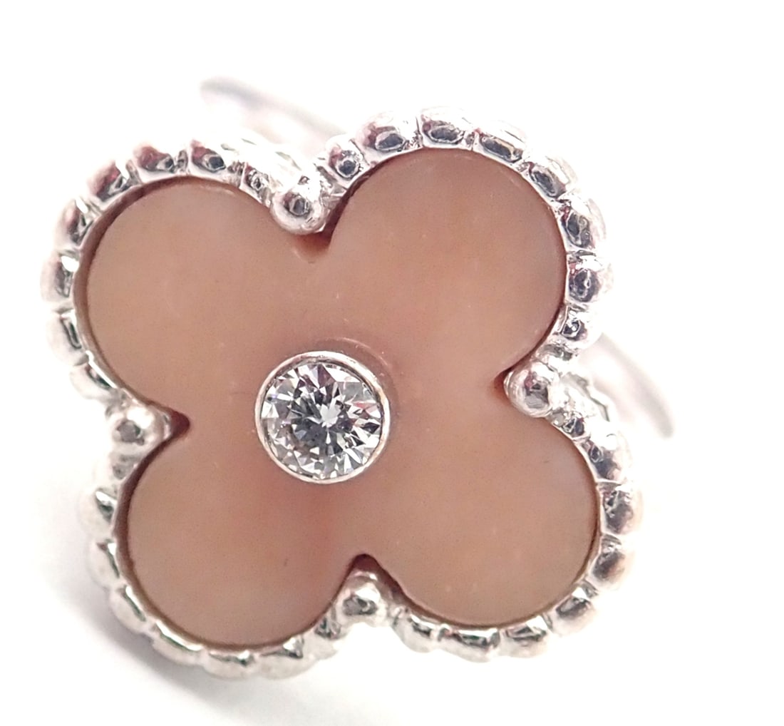 Van Cleef & Arpels Alhambra 18k White Gold Pink Opal Diamond Ring: About This Piece: