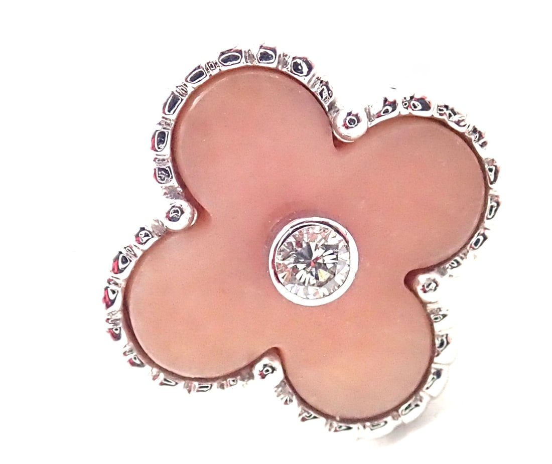 Van Cleef & Arpels Alhambra 18k White Gold Pink Opal Diamond Ring: About This Piece:
