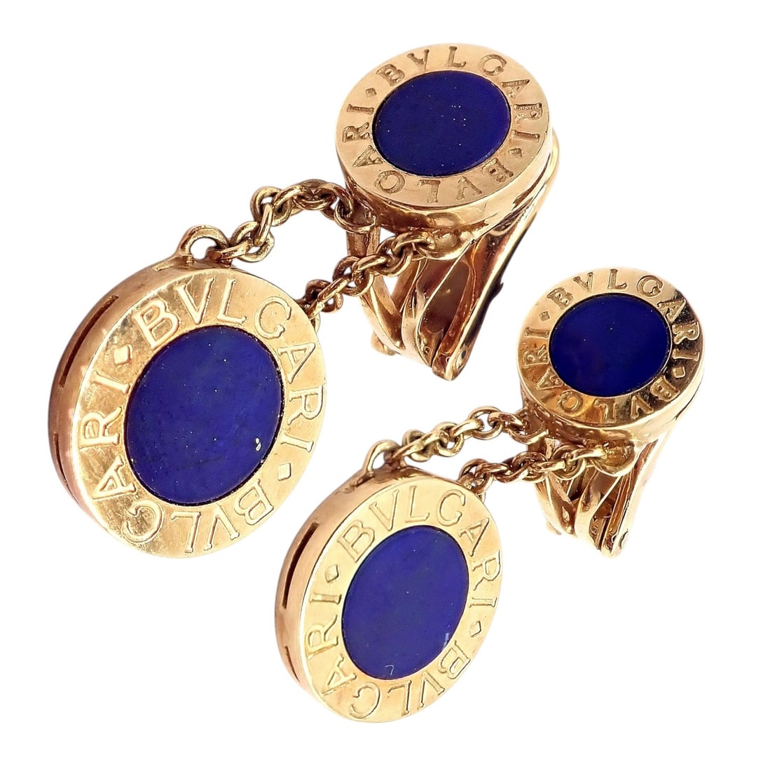 Bvlgari Bulgari 18k Yellow Gold Lapis Disc Double Logo Earrings: About This Piece: Crafted in radiant 18k yellow gold, these Bvlgari Bulgari earrings feature four rich lapis lazu