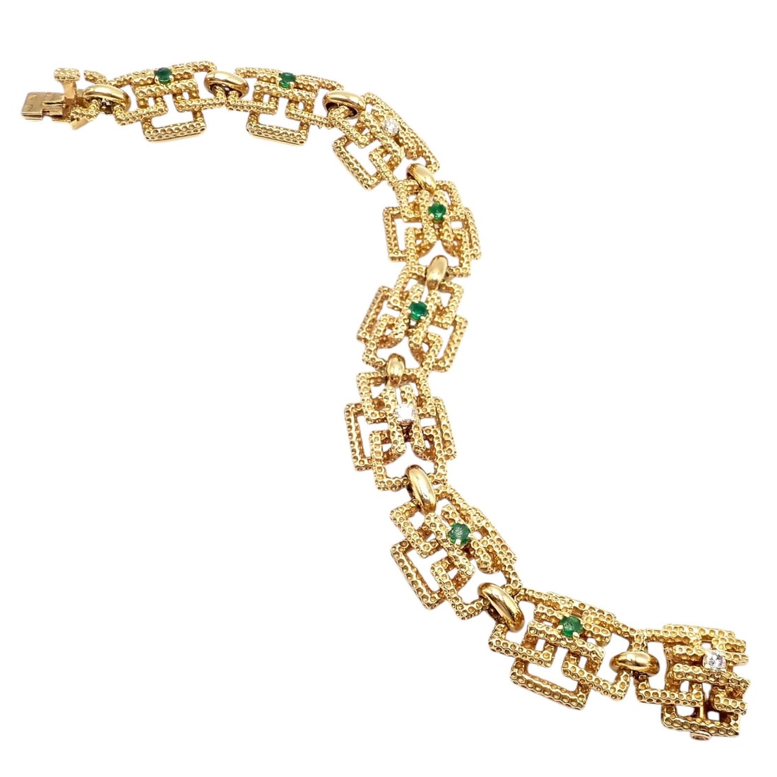 Vintage Tiffany & Co France 18k Yellow Gold Diamond Emerald Bracelet: About This Piece: A testament to timeless elegance, this Vintage Tiffany & Co France 18k Yellow Gold Diamond Emer