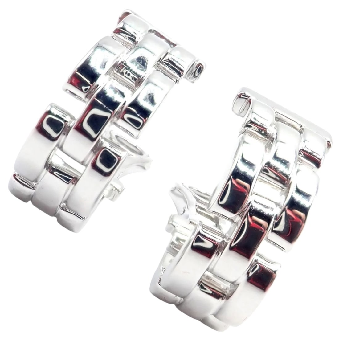 Cartier Maillon Panthere 18K White Gold Three Row Link Hoop Earrings: About This Piece: The Cartier Maillon Panthere earrings showcase iconic elegance in 18K white gold. Featu