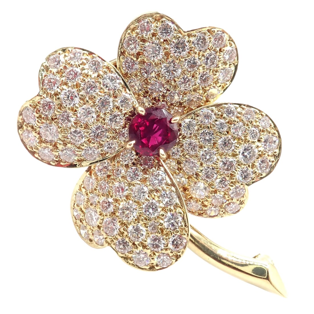 Van Cleef & Arpels Cosmos 18k Yellow Gold Diamond Ruby Brooch Pendant: About This Piece: This vintage Van Cleef & Arpels Cosmos Brooch Pendant is a stunning piece, crafted from 18k yel