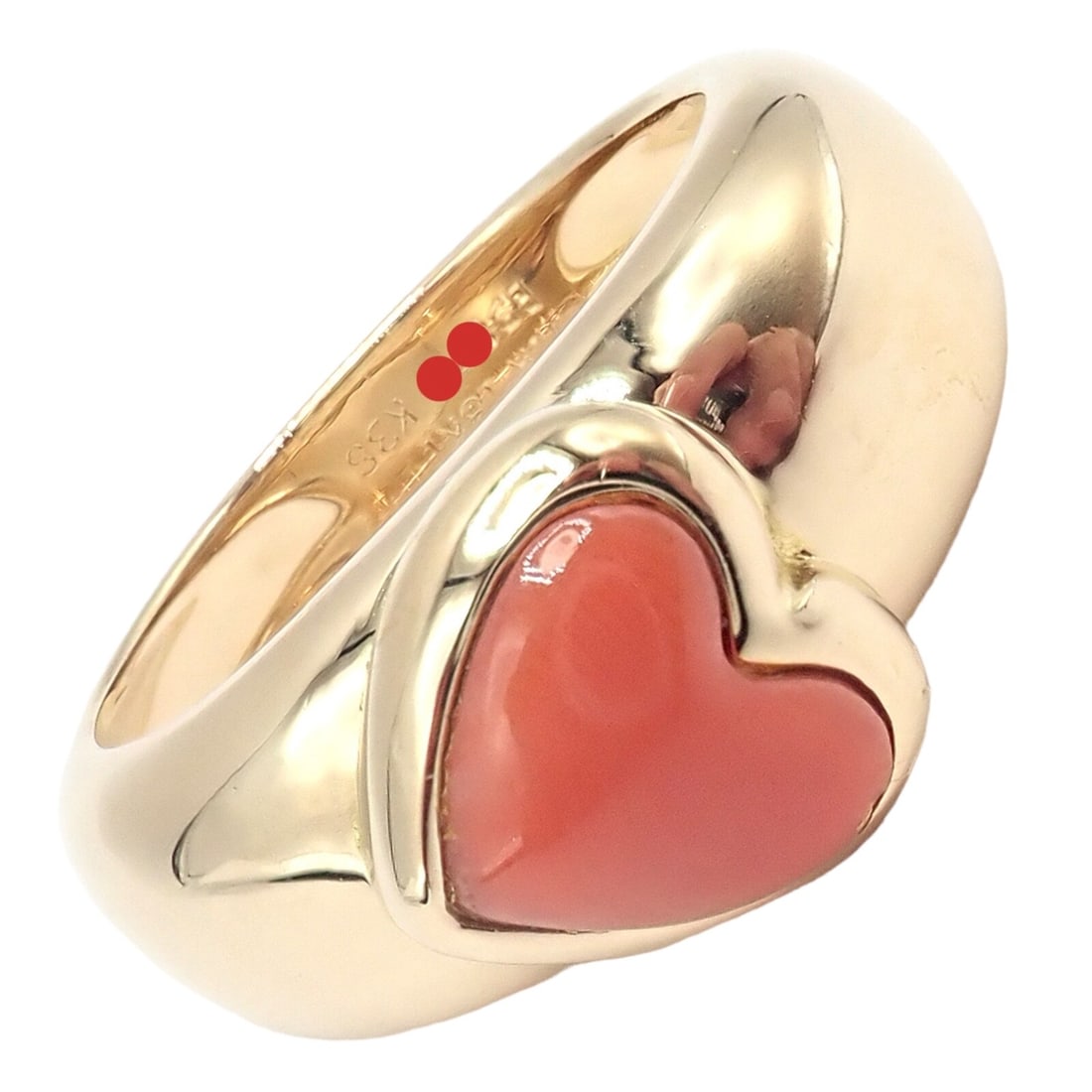 Van Cleef & Arpels 18k Yellow Gold Coral Heart Ring sz 4.5: About This Piece: This rare, authentic Van Cleef & Arpels ring features a captivating coral heart set in 18k yell