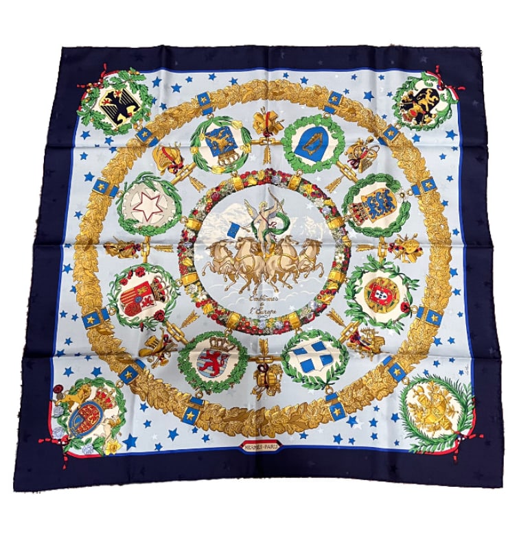 Hermes Emblemes De L'Europe Vintage 90cm Silk Scarf: About This Piece: Discover refined luxury with this Authentic RARE Hermes "Emblemes de l'Europe" vintage silk sca